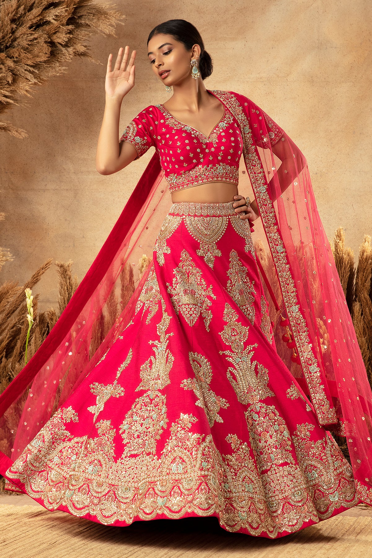 Panihari Red Hand Embroidered Bridal Lehenga in Raw Silk