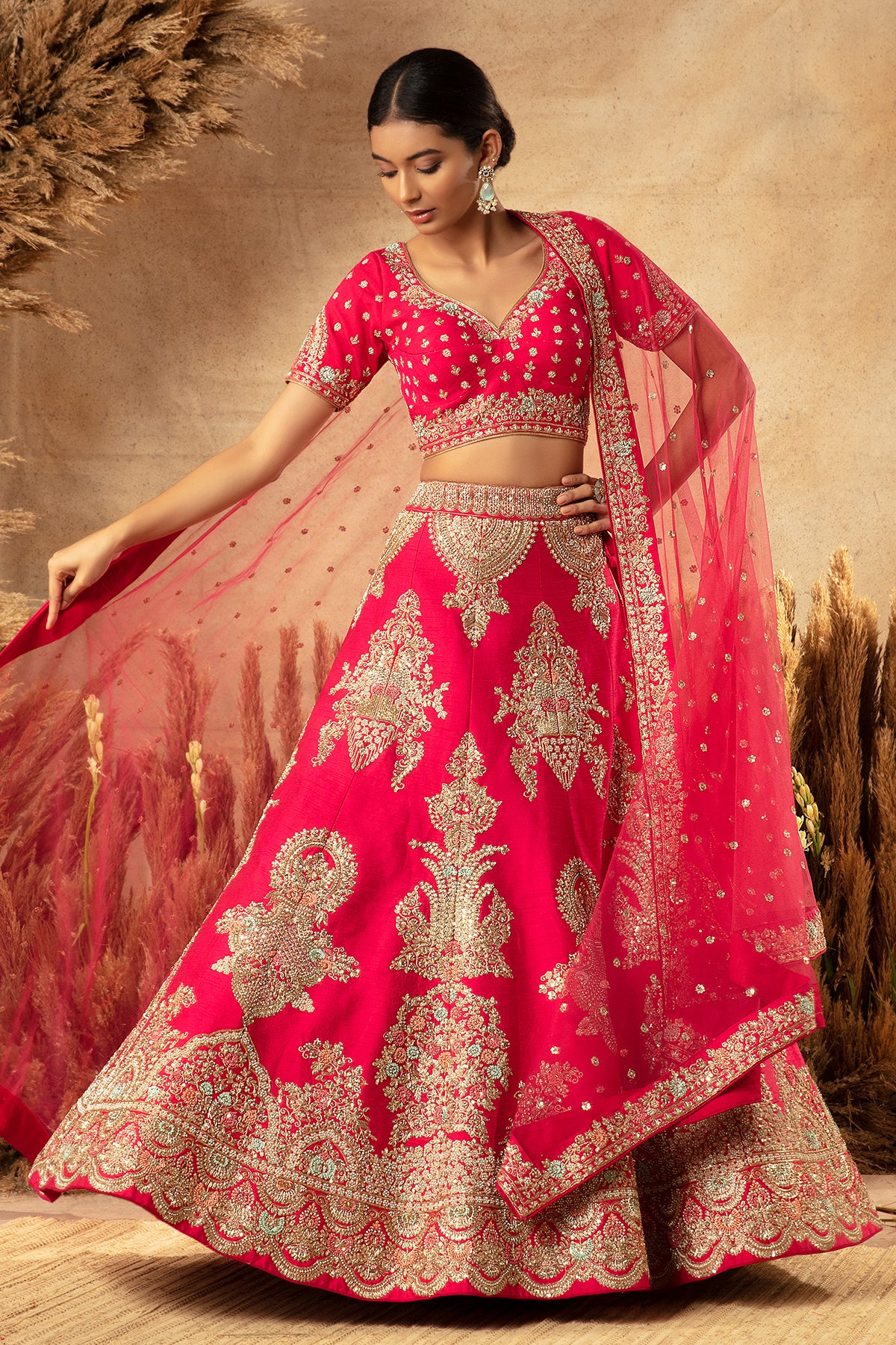 Panihari Red Hand Embroidered Bridal Lehenga in Raw-Silk