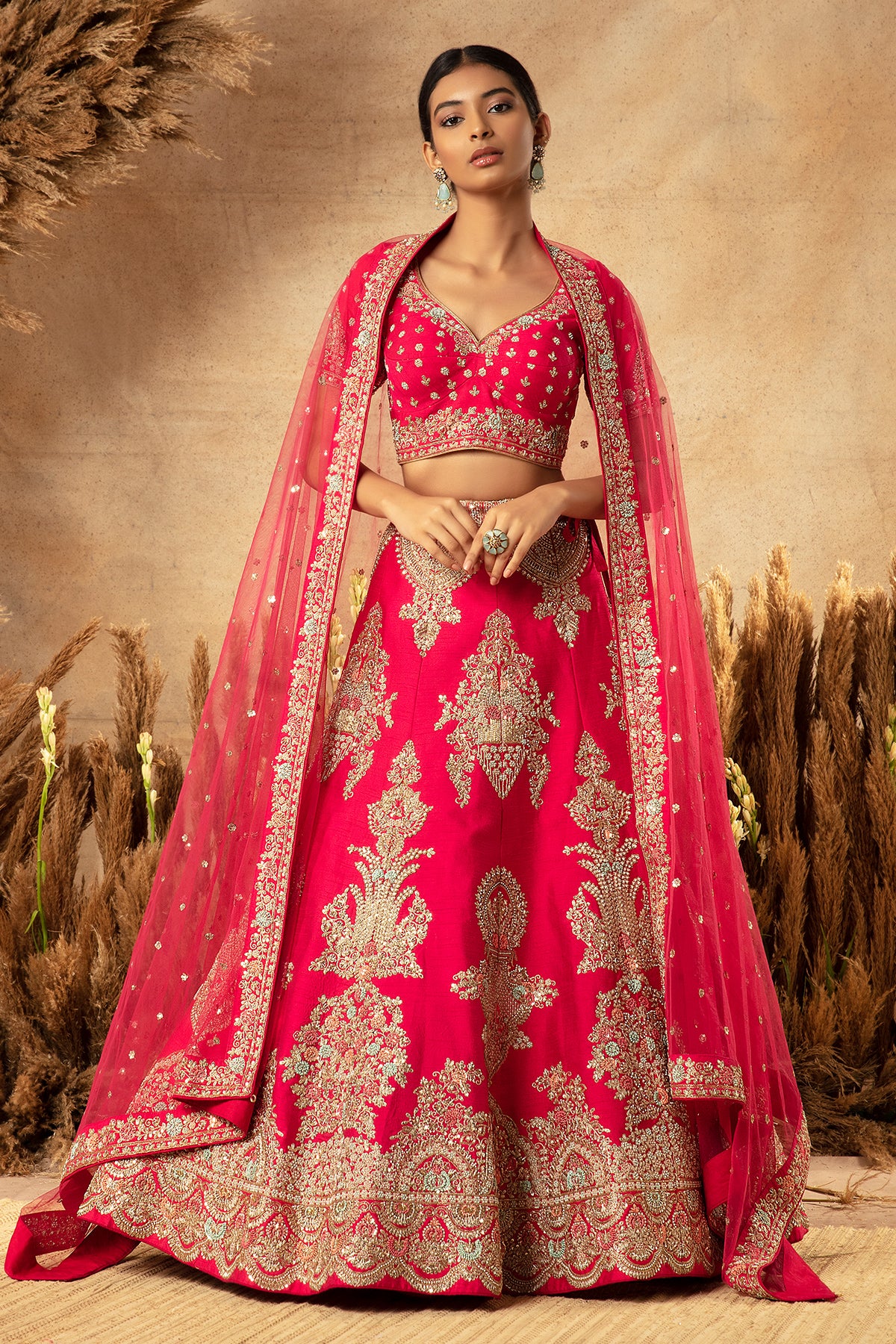 Panihari Red Hand Embroidered Bridal Lehenga in Raw Silk