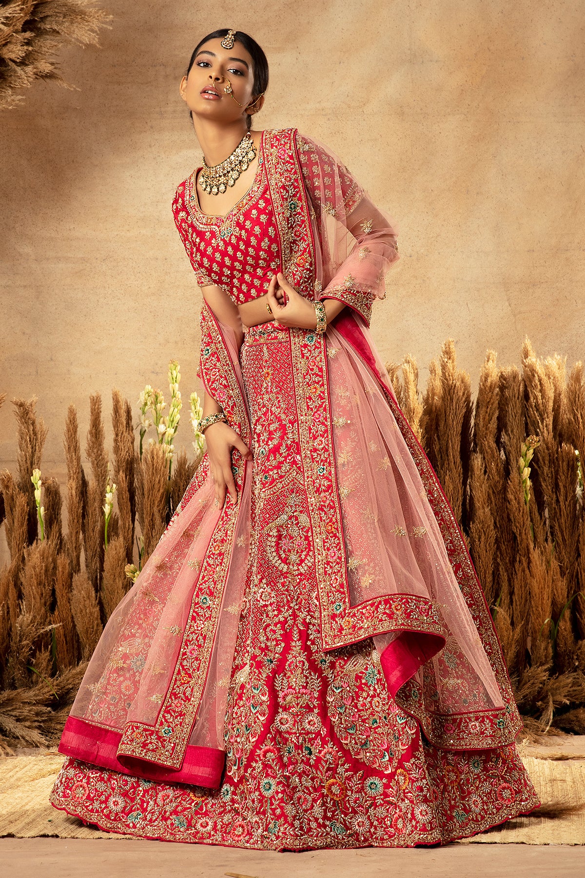 Panihari_Scarlet Red Hand-Embroidered Bridal Lehenga in Raw Silk