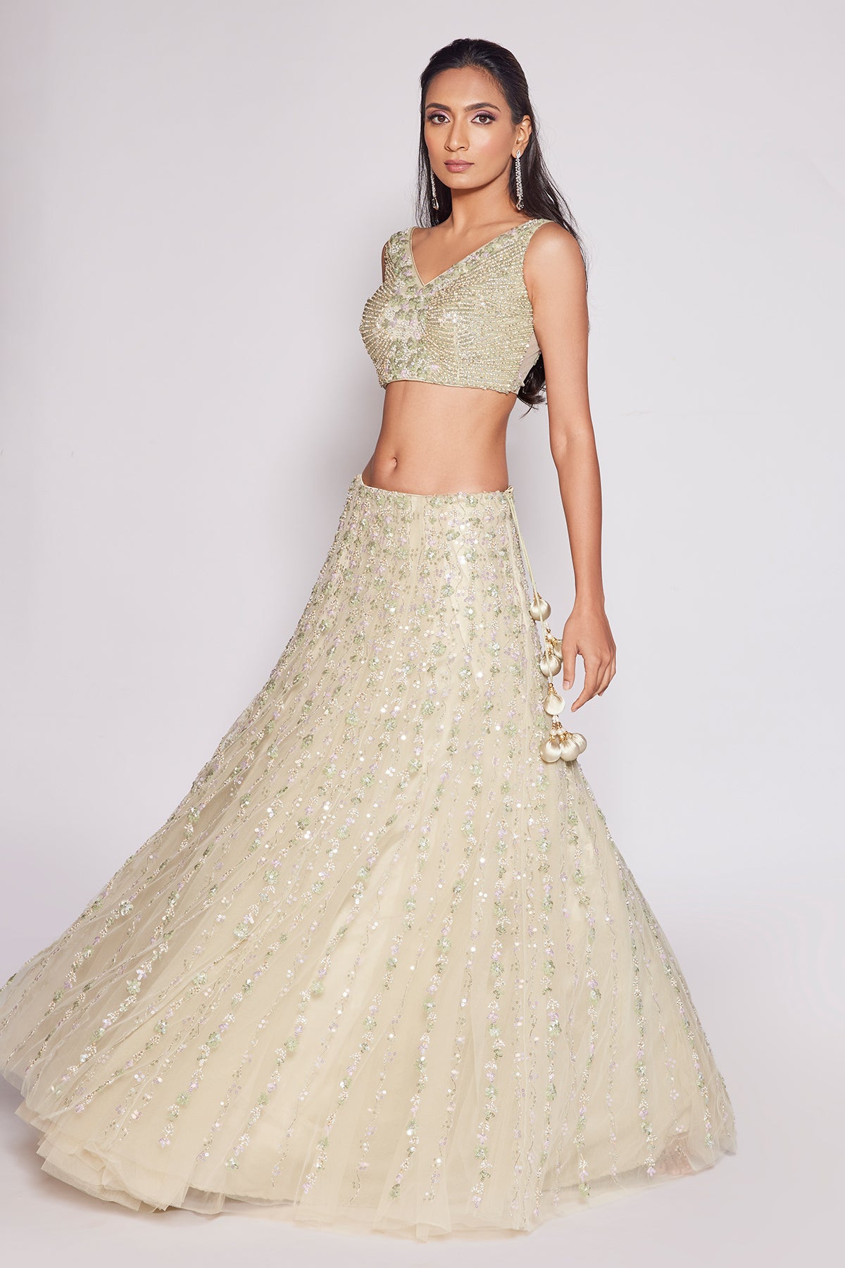 Sea Green Net Embroidered Floral Leaf Neck Suhavana Bridal Lehenga Set - Rent