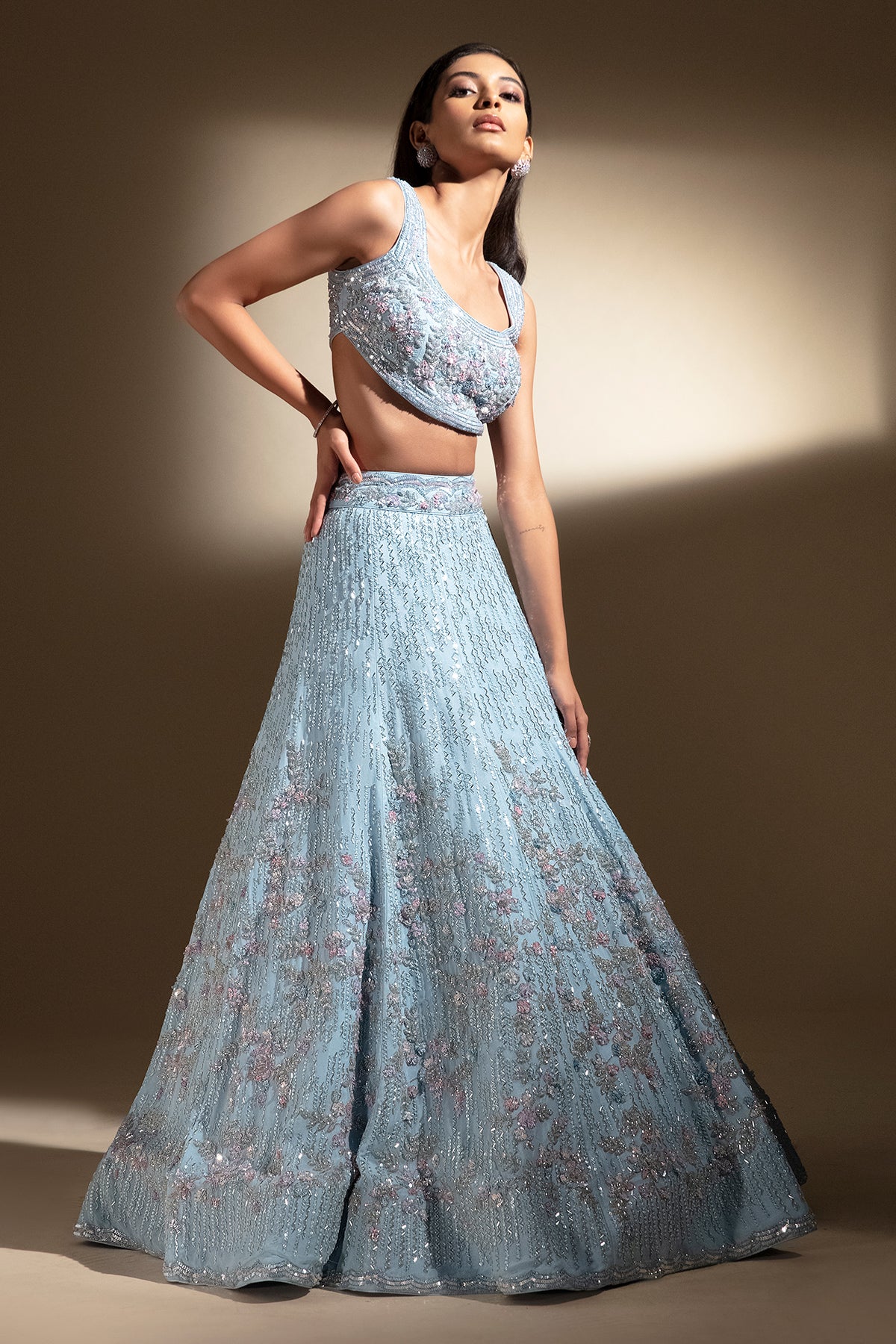 Panihari Sky-Blue Hand Embroidered Lehenga Set