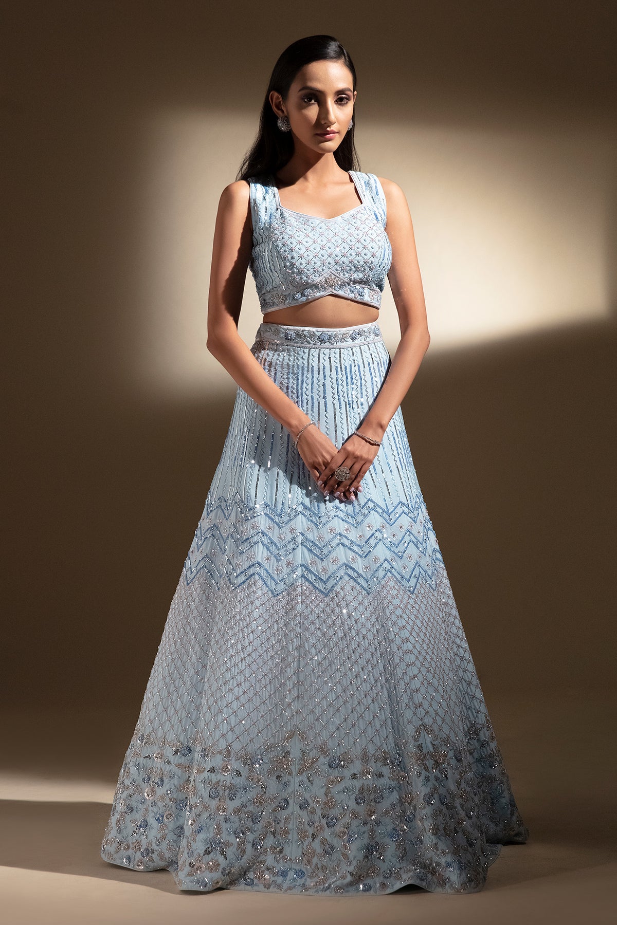 Panihari Sky Blue Hand Embroidered Lehenga Set
