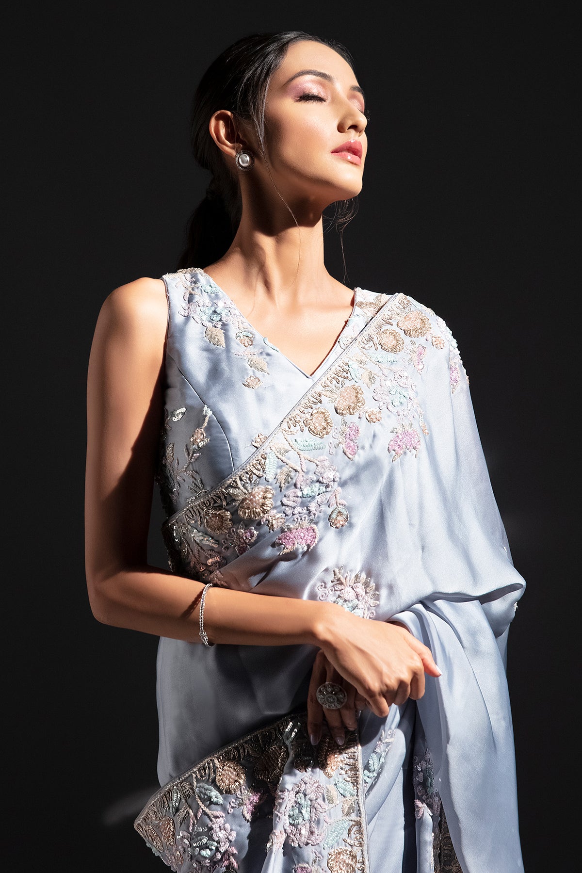 Panihari__Celestial Blue Embroidered Saree Set