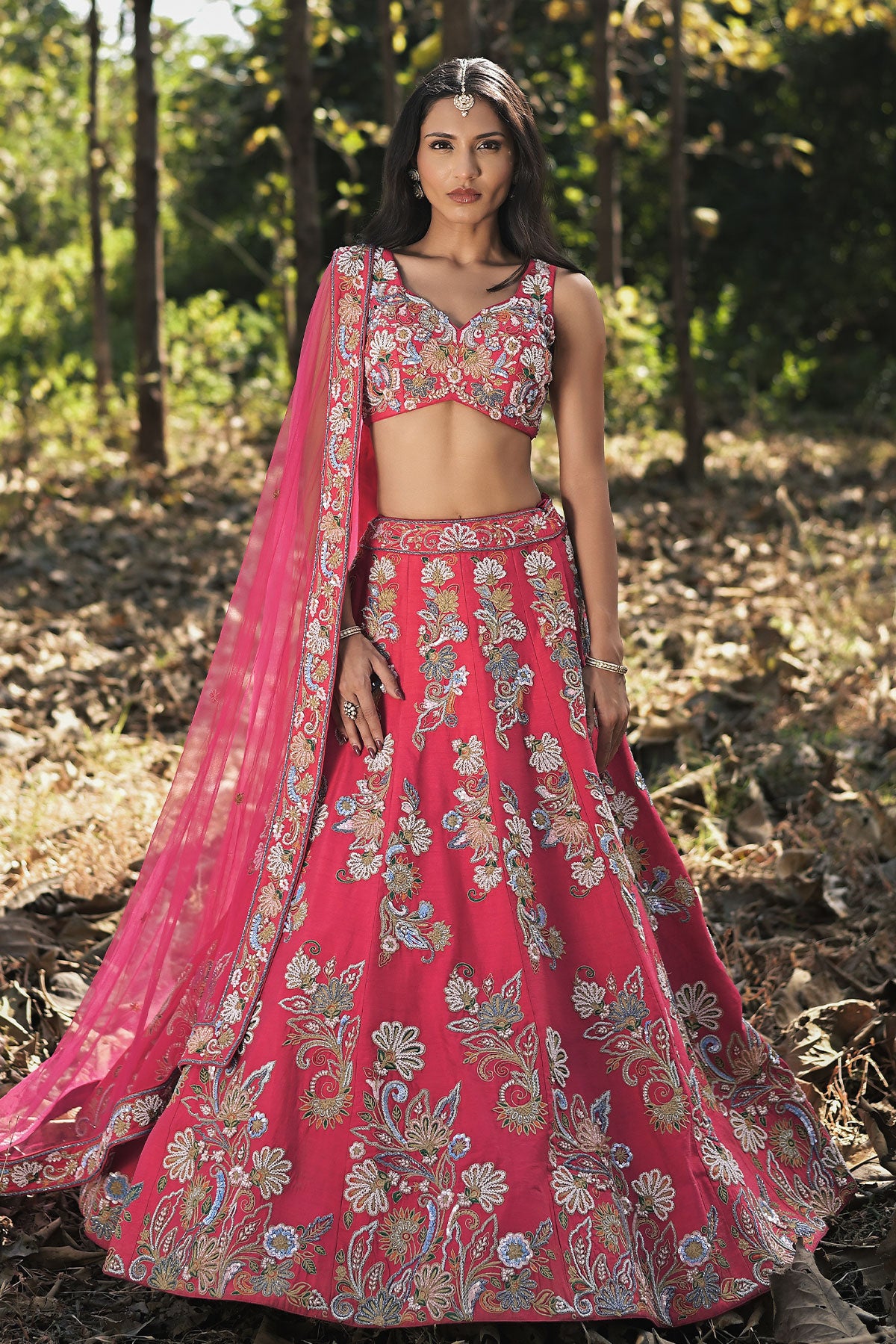 SERA VI- scarlet red lehenga set in raw silk