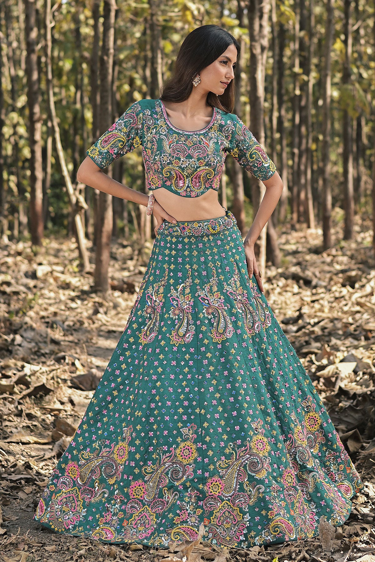 SERA VII- teal blue lehenga set in raw silk