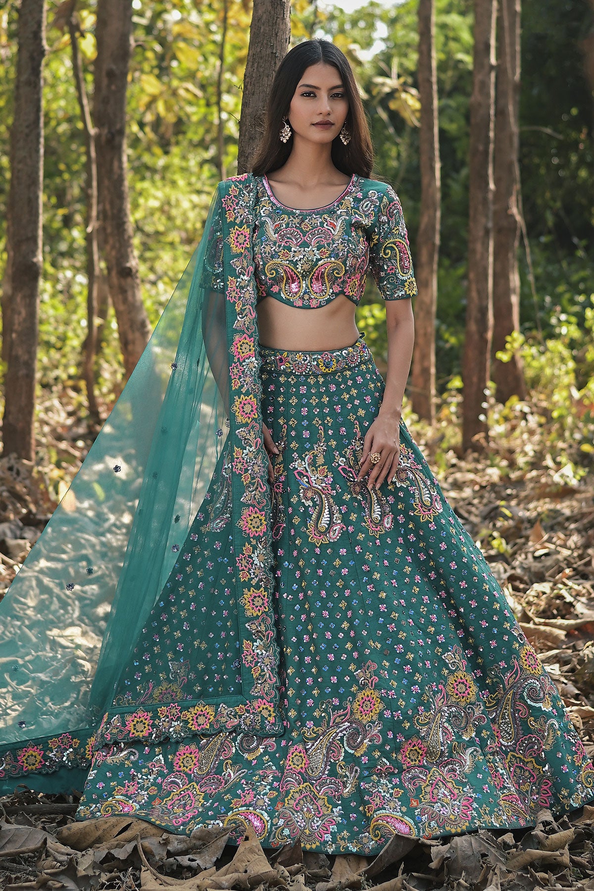 SERA VII- teal blue lehenga set in raw silk