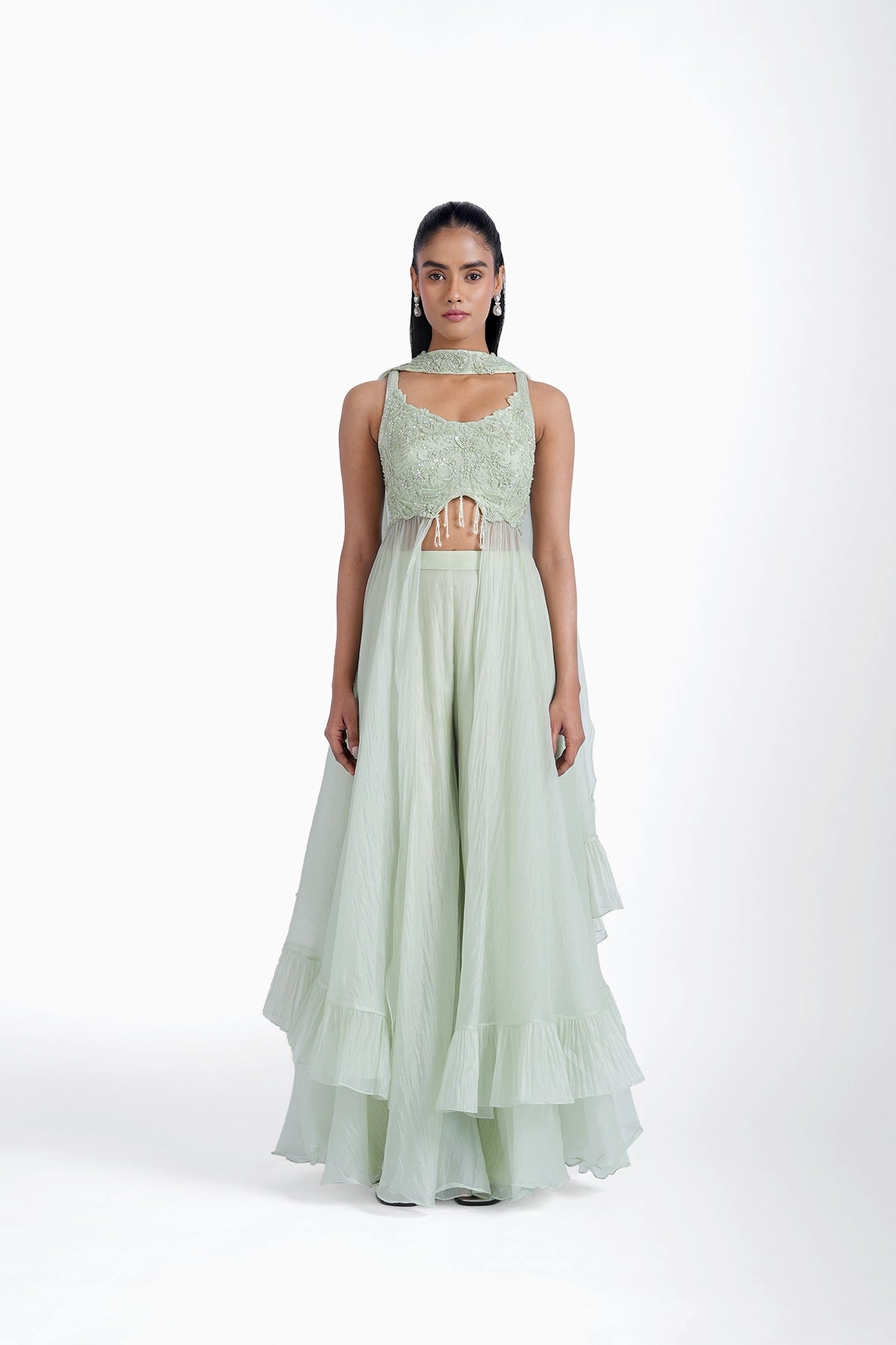 Mint green long top and palazzo with choker dupatta set in organza