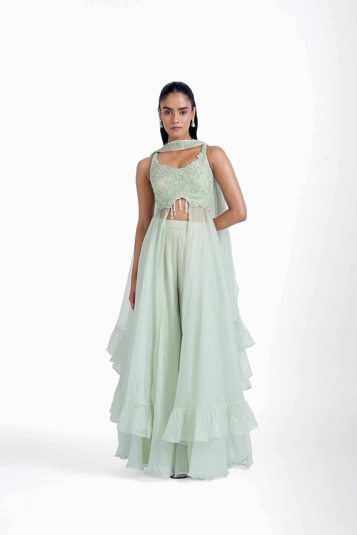 Mint green long top and palazzo with choker dupatta set in organza