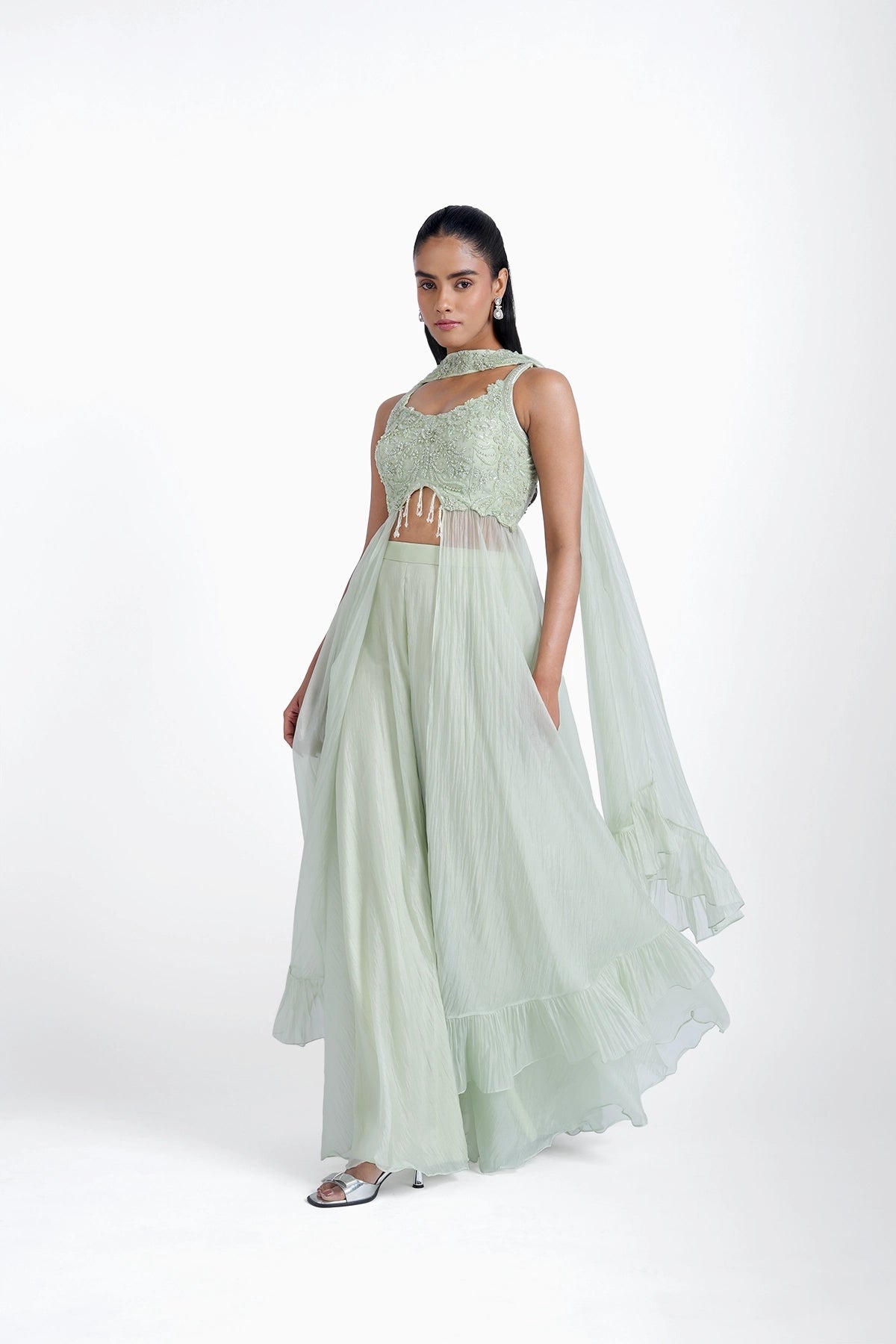 Mint green long top and palazzo with choker dupatta set in organza