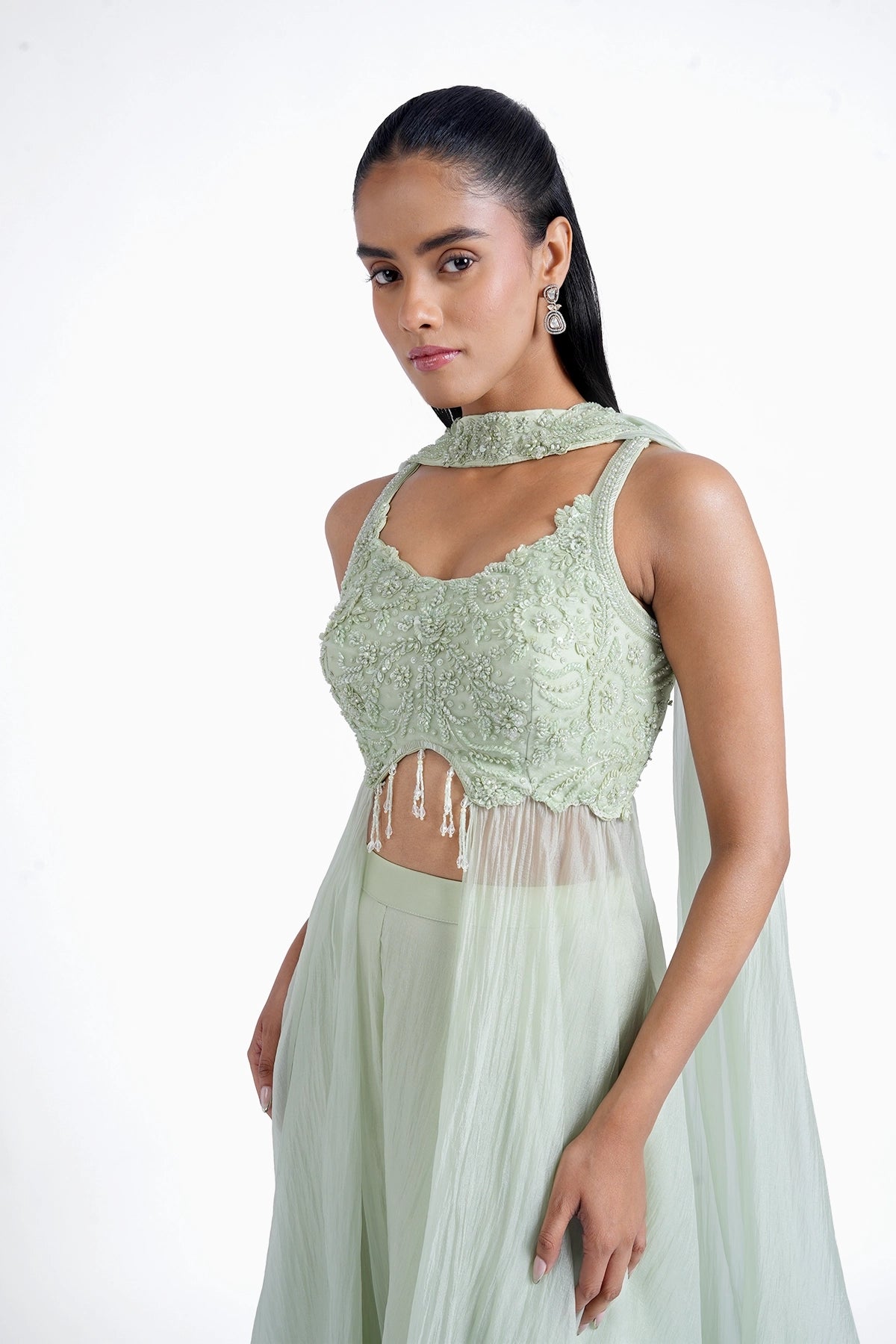 Mint green long top and palazzo with choker dupatta set in organza