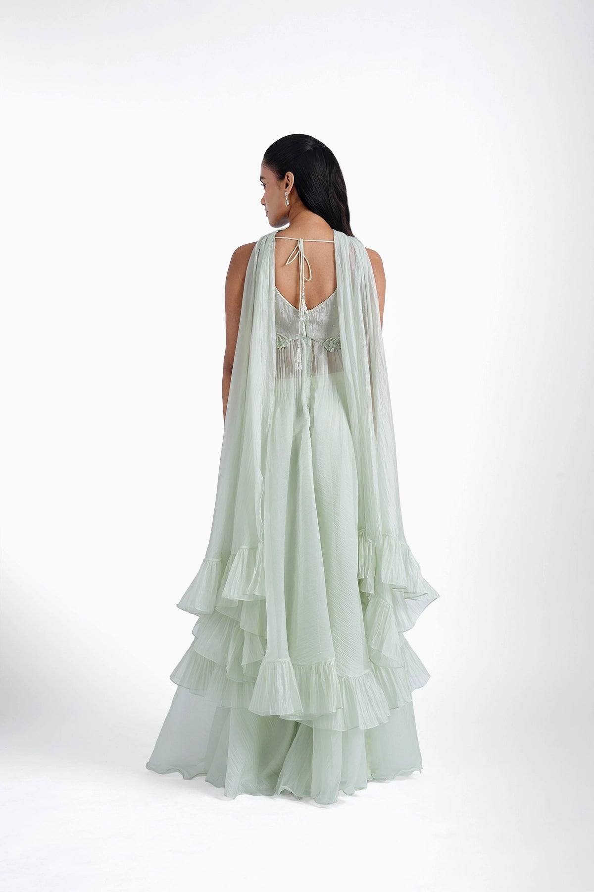 Mint green long top and palazzo with choker dupatta set in organza