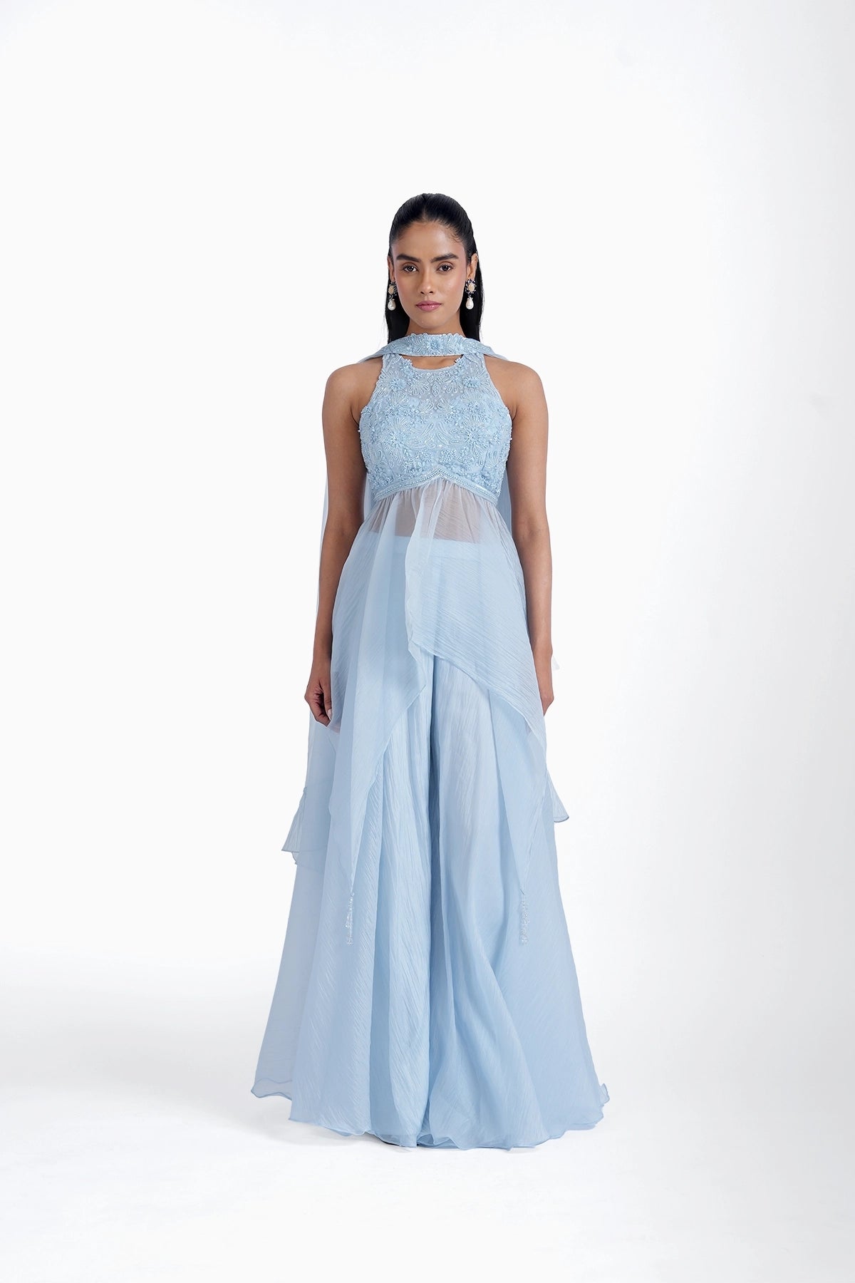 Ice blue palazzo and long top with choker dupatta set in organza