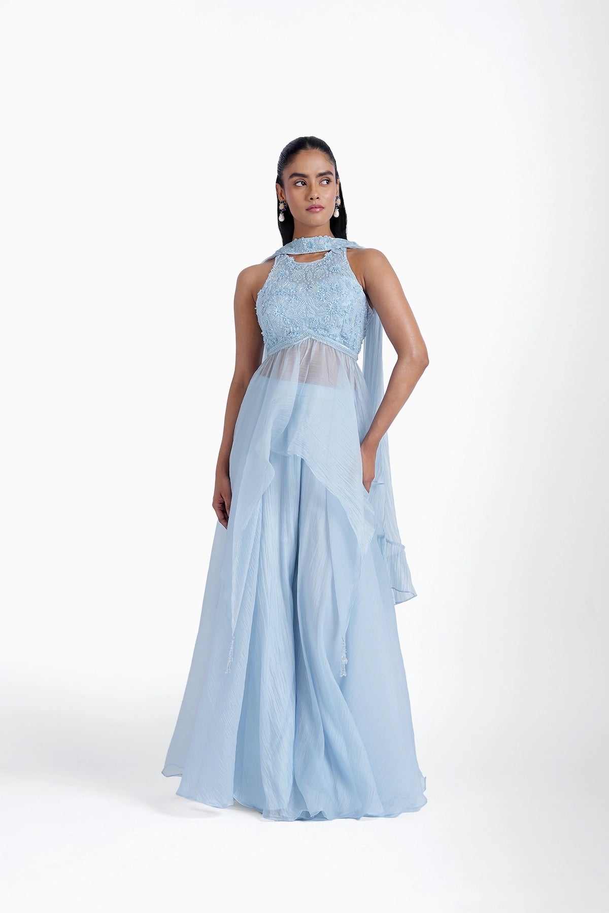 Ice blue palazzo and long top with choker dupatta set in organza