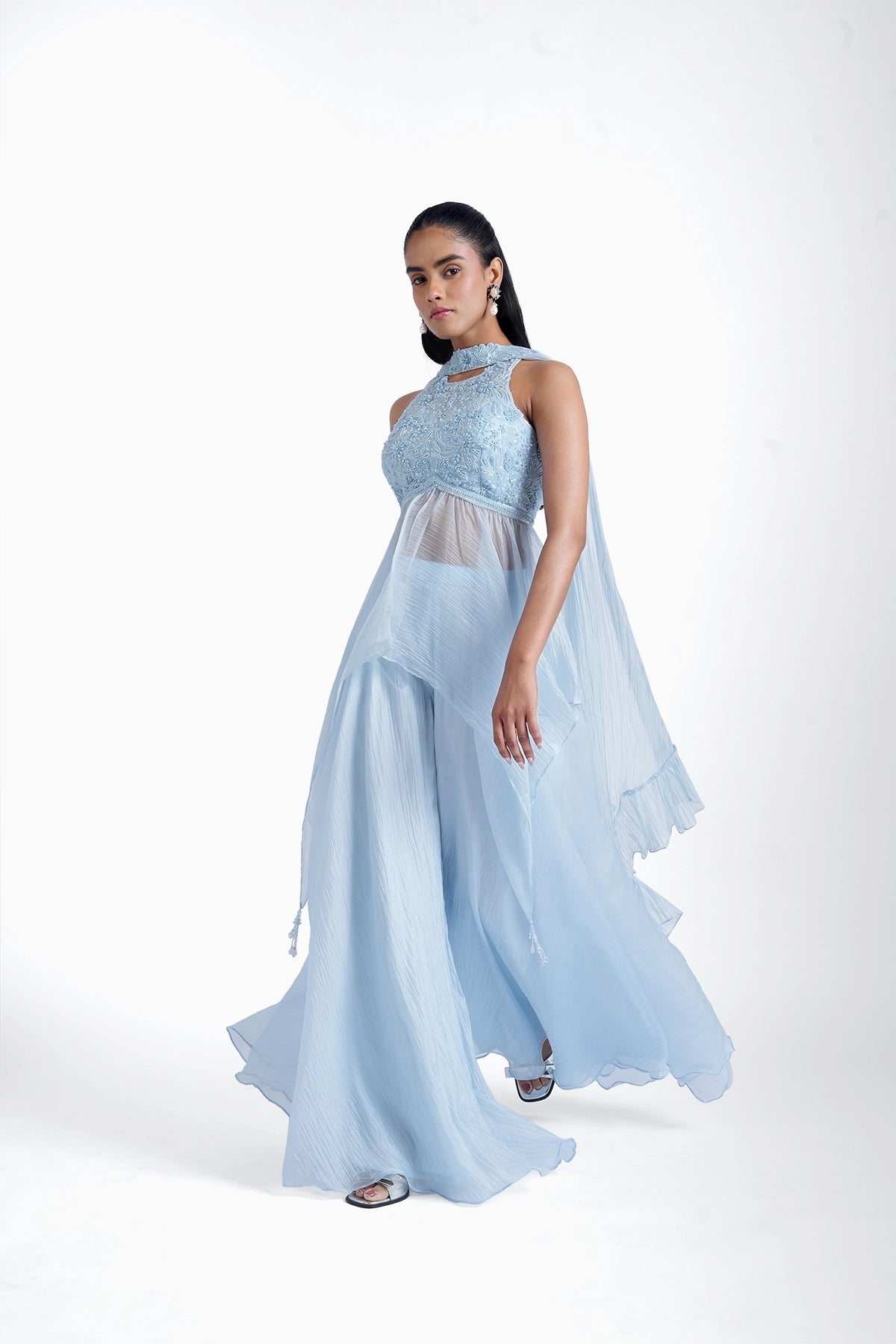 Ice blue palazzo and long top with choker dupatta set in organza