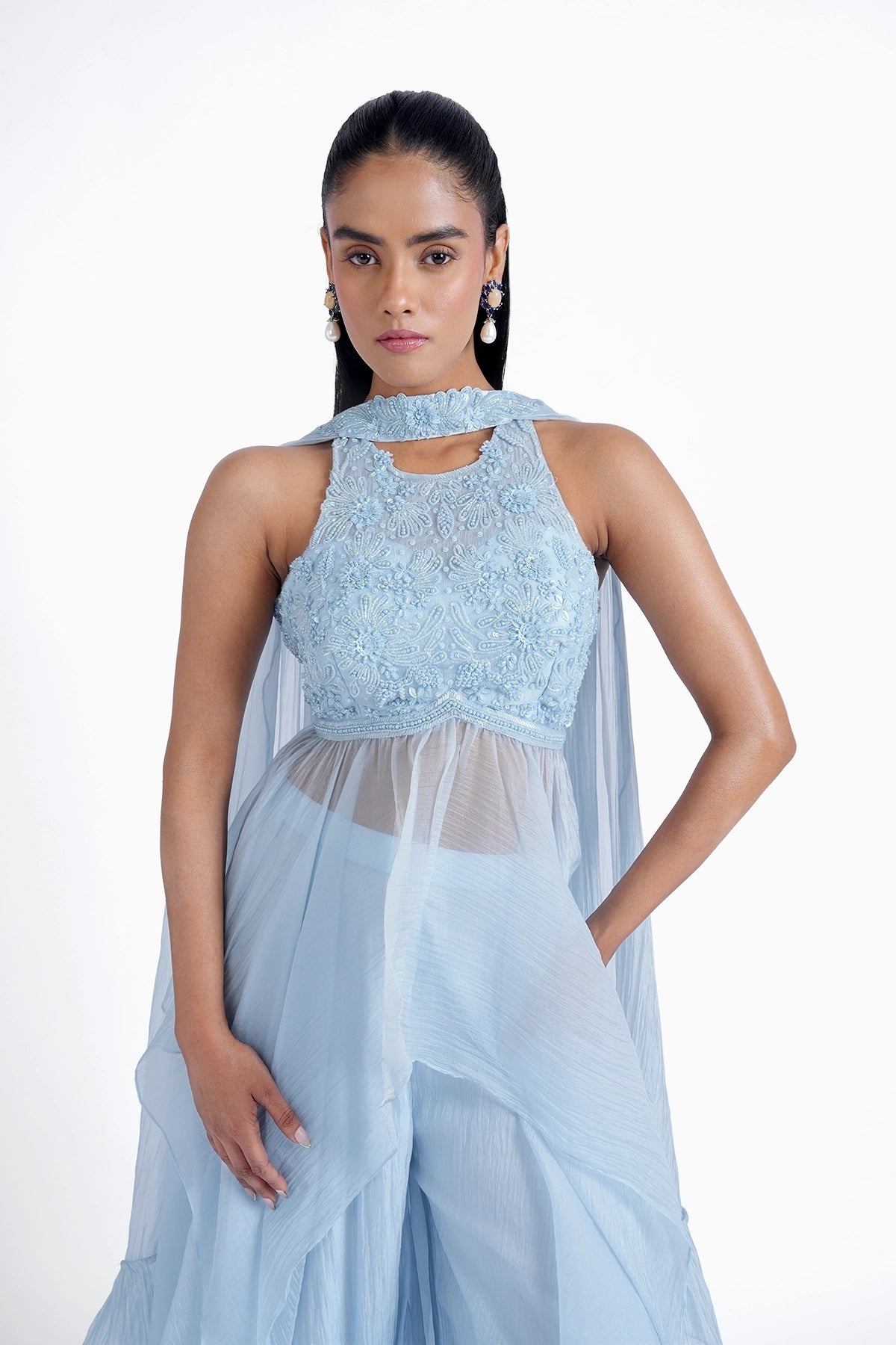 Ice blue palazzo and long top with choker dupatta set in organza