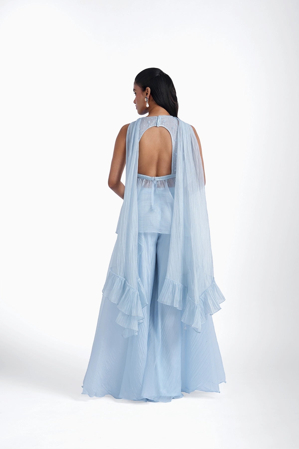 Ice blue palazzo and long top with choker dupatta set in organza