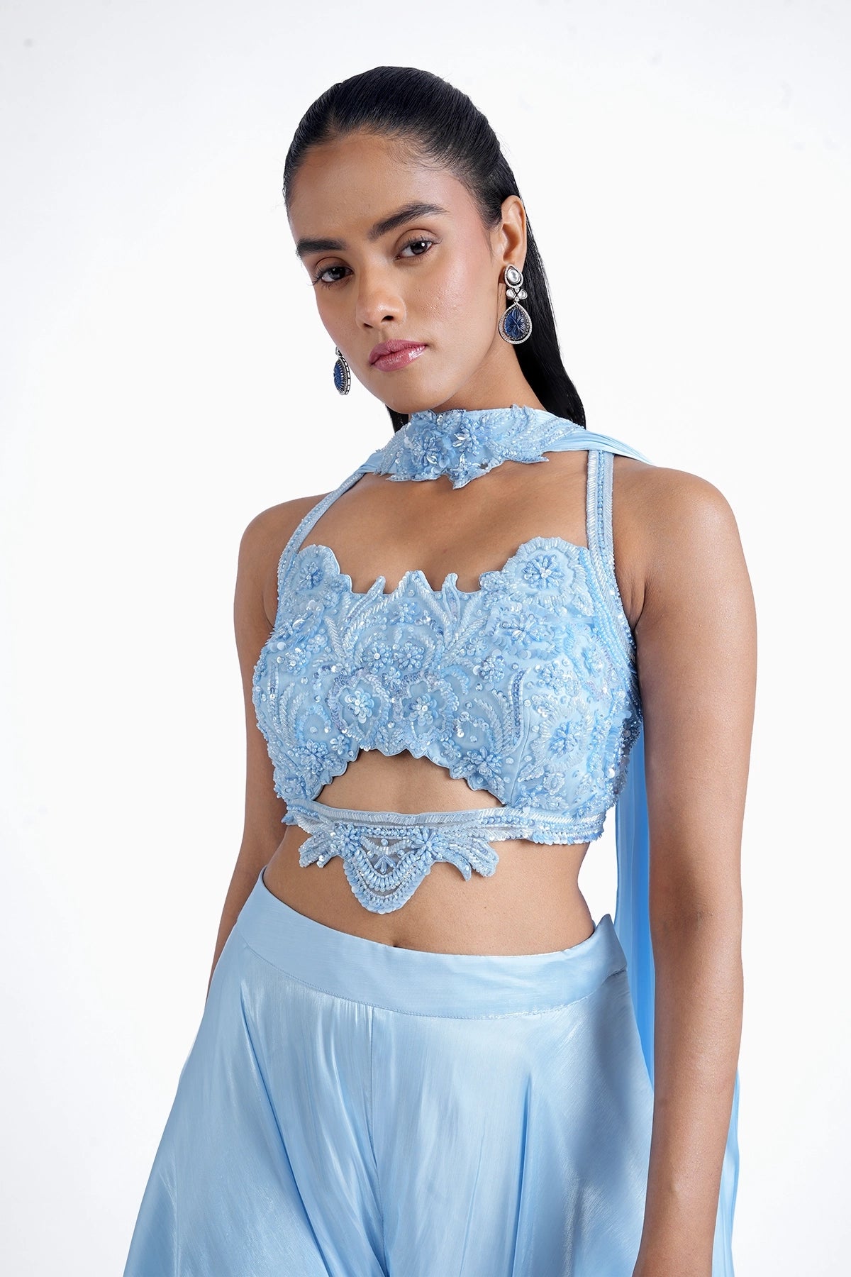 Bright blue hand embroidered top with palazzo and choker dupatta set in shiny imported tissue