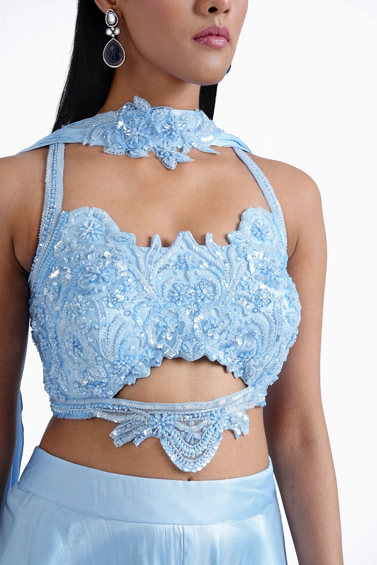 Bright blue hand embroidered top with palazzo and choker dupatta set in shiny imported tissue