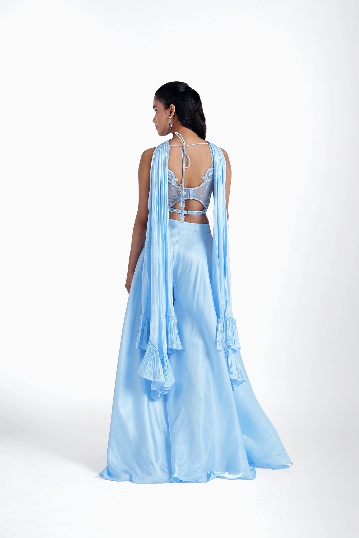 Bright blue hand embroidered top with palazzo and choker dupatta set in shiny imported tissue