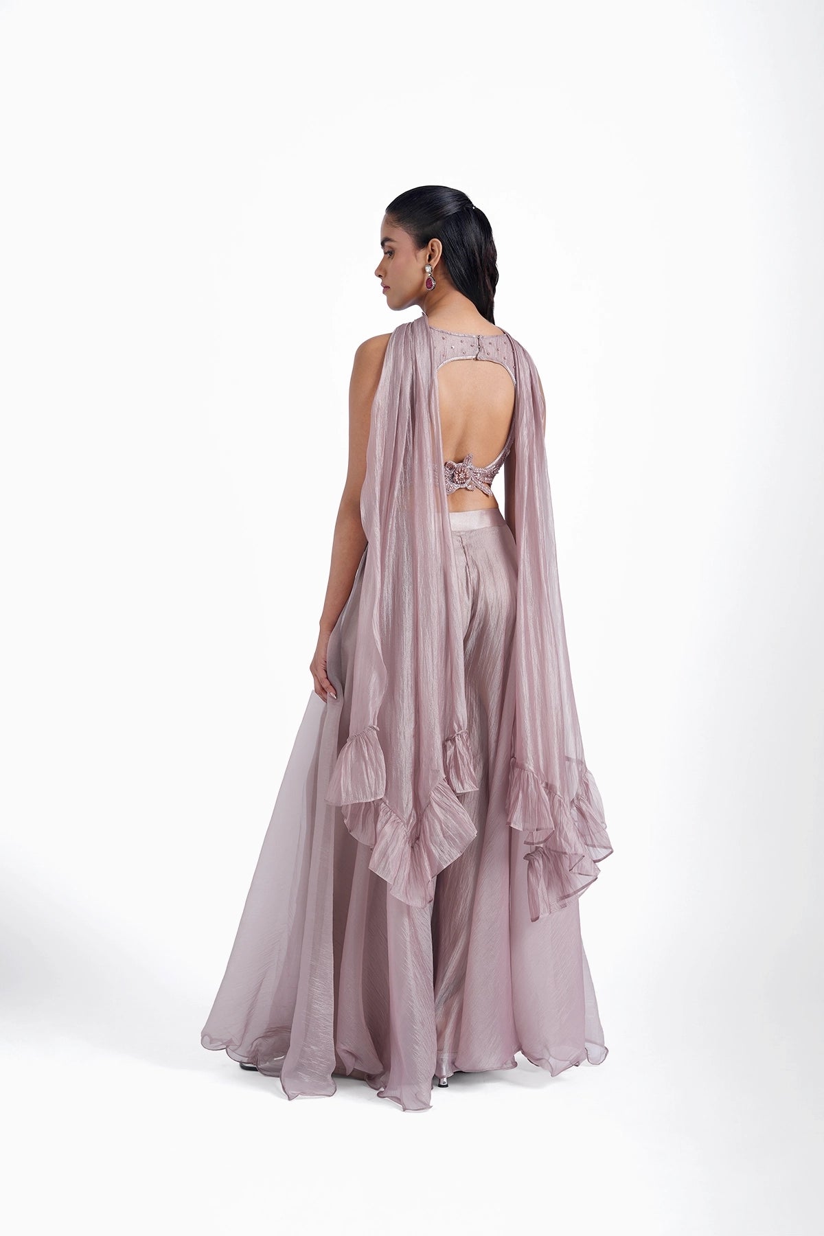 Dusty copper top and palazzo with choker dupatta set in shiny organza