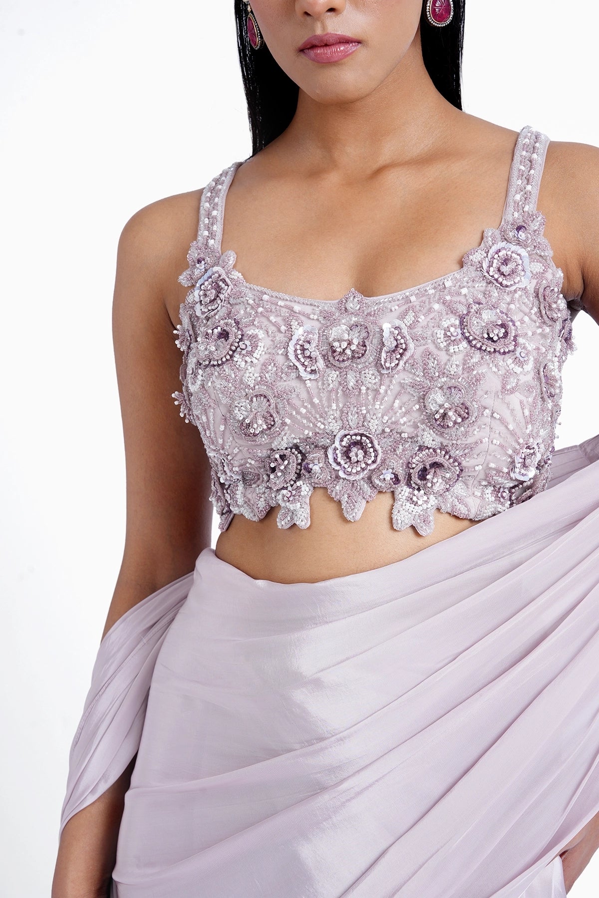 Light lilac 3-tiered fishcut pre-draped saree with spaghetti blouse set