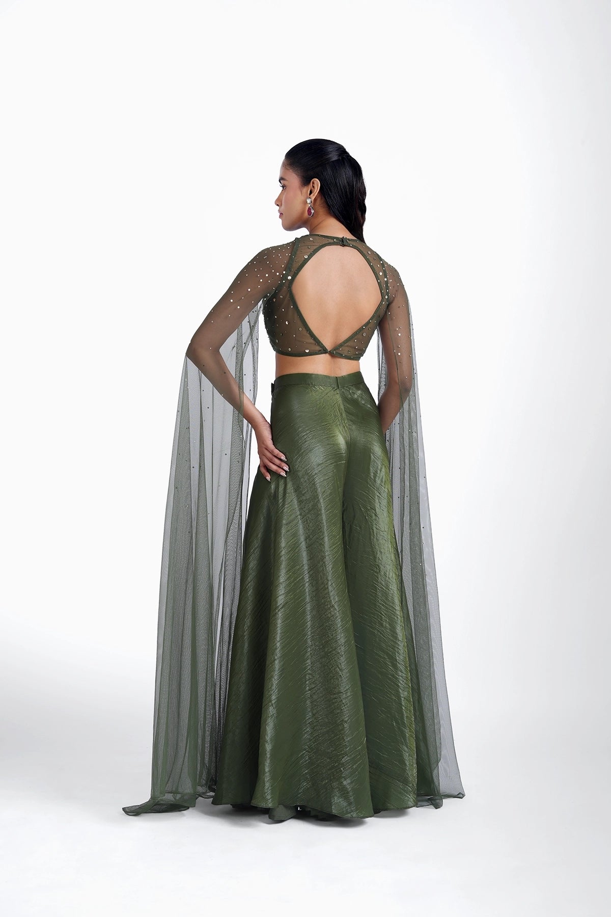 Mehendi green halter neck top with cape sleeves and palazzo set