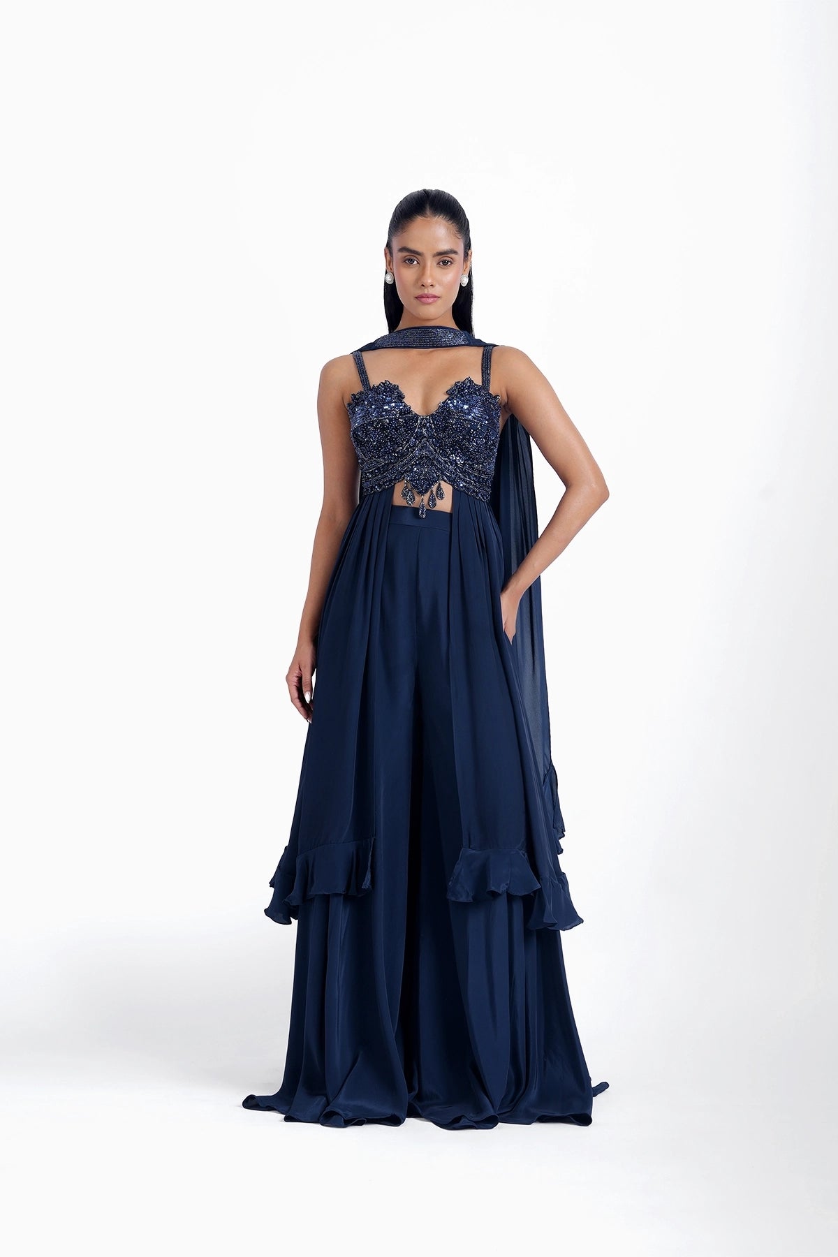 navy blue dress with dupatta Dark navy blue long top and palazzo with a choker dupatta set