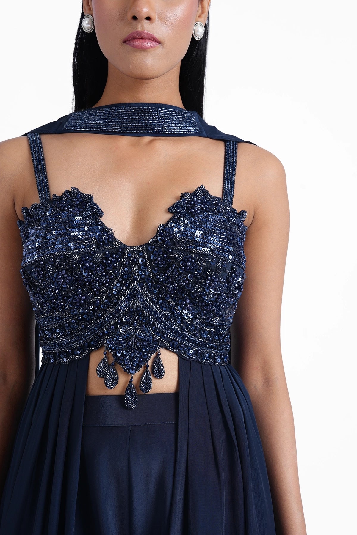 Dark navy blue long top and palazzo with a choker dupatta set