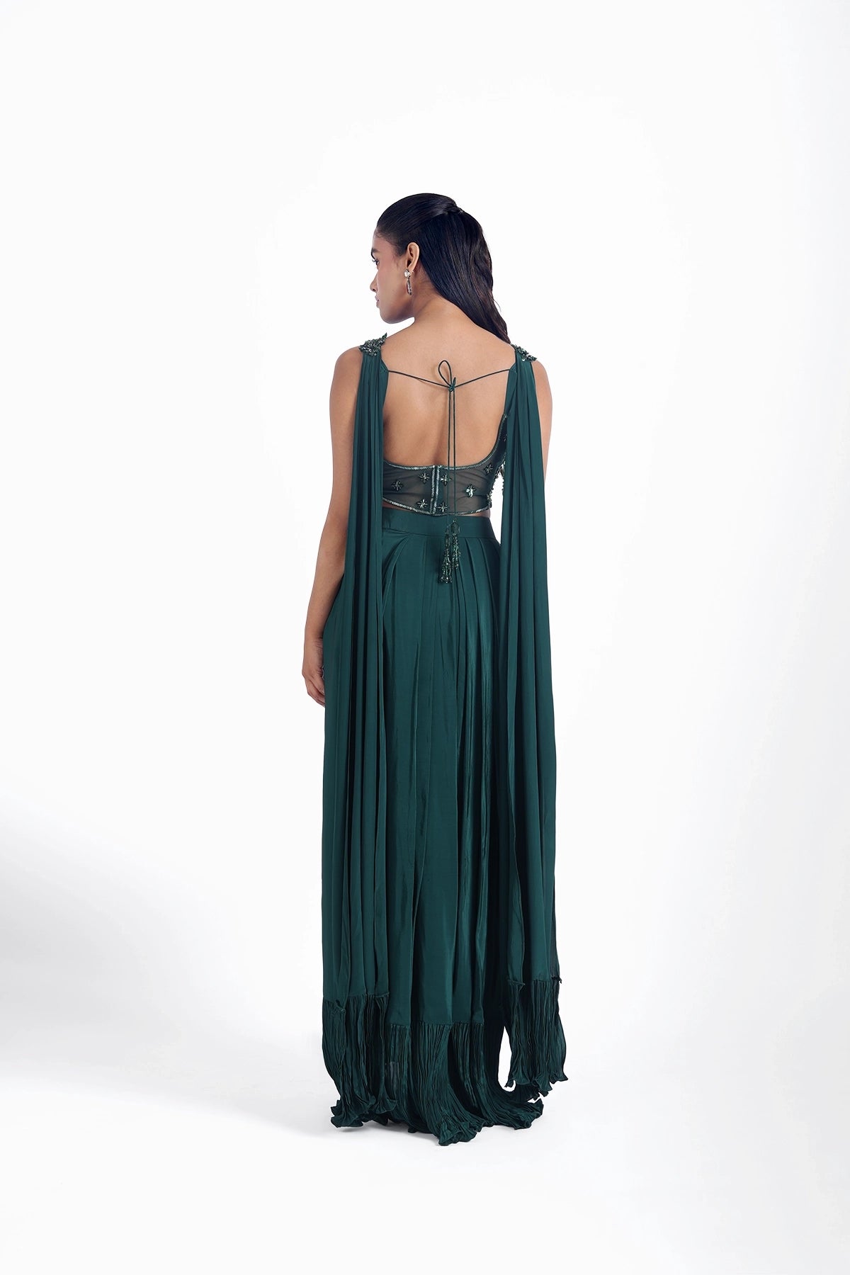 Dark emerald green draped skirt with a fancy blouse set