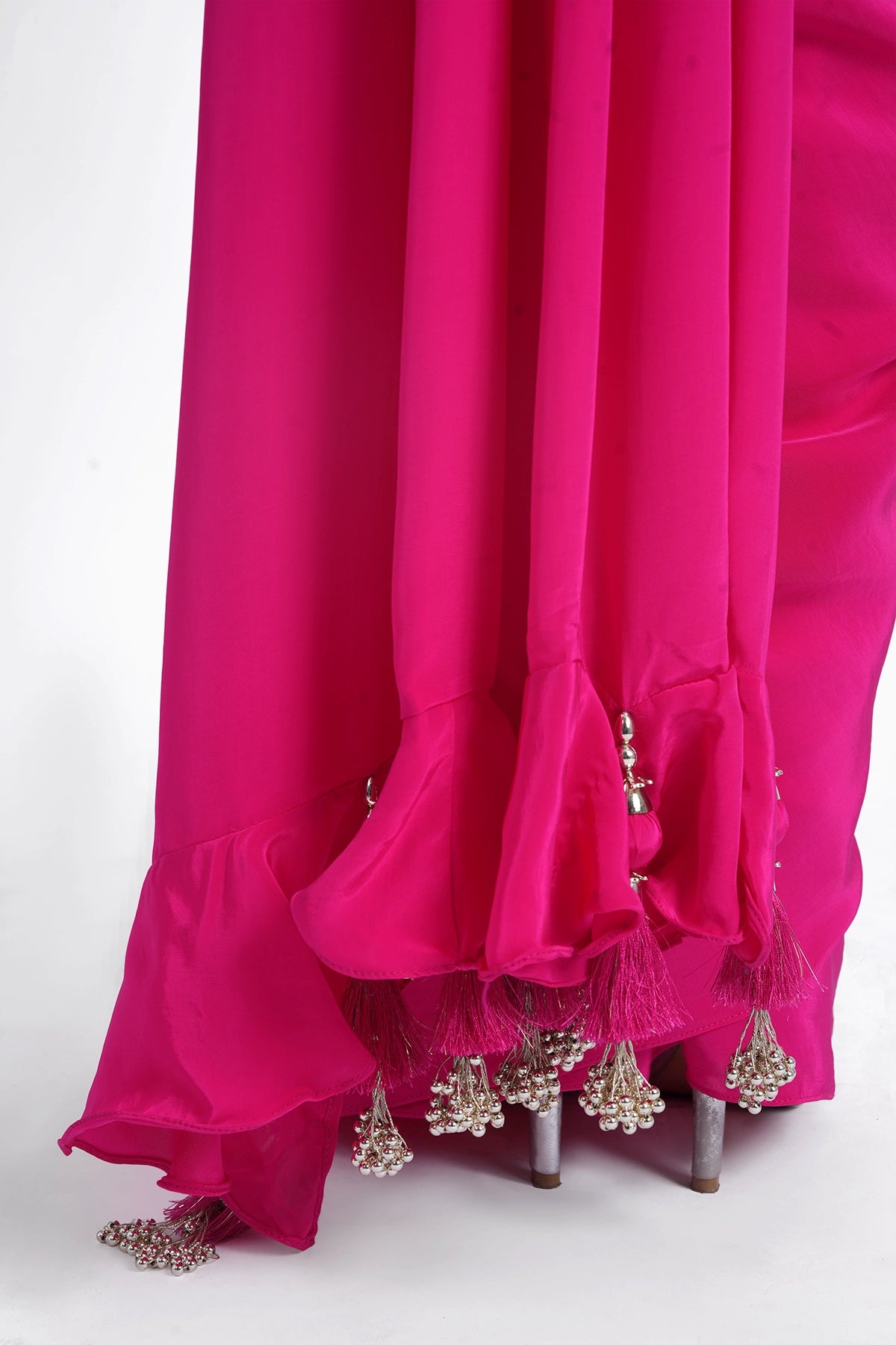 Rani pink pre-draped saree in crepe with spaghetti blouse and belt set