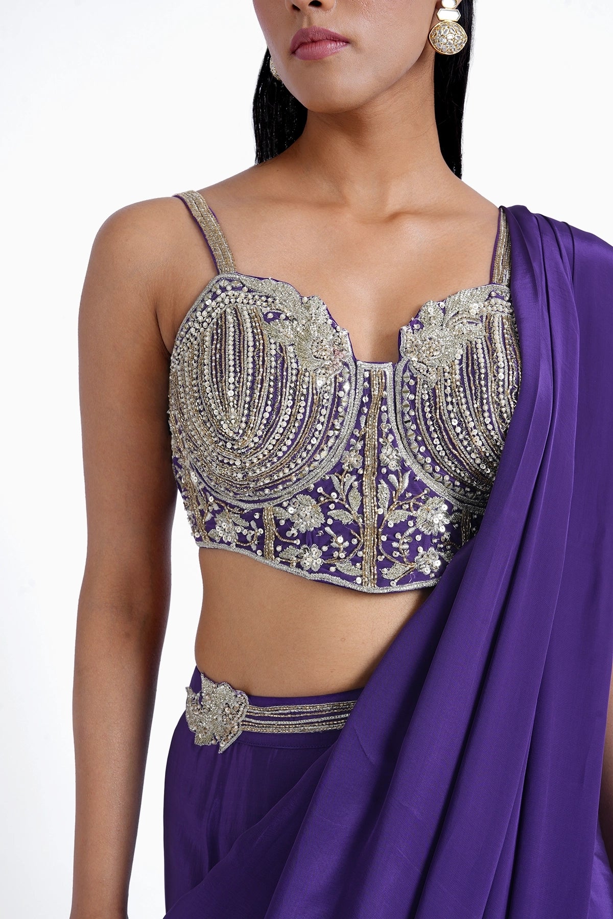 Purple pre-draped saree in crepe with katori style blouse set