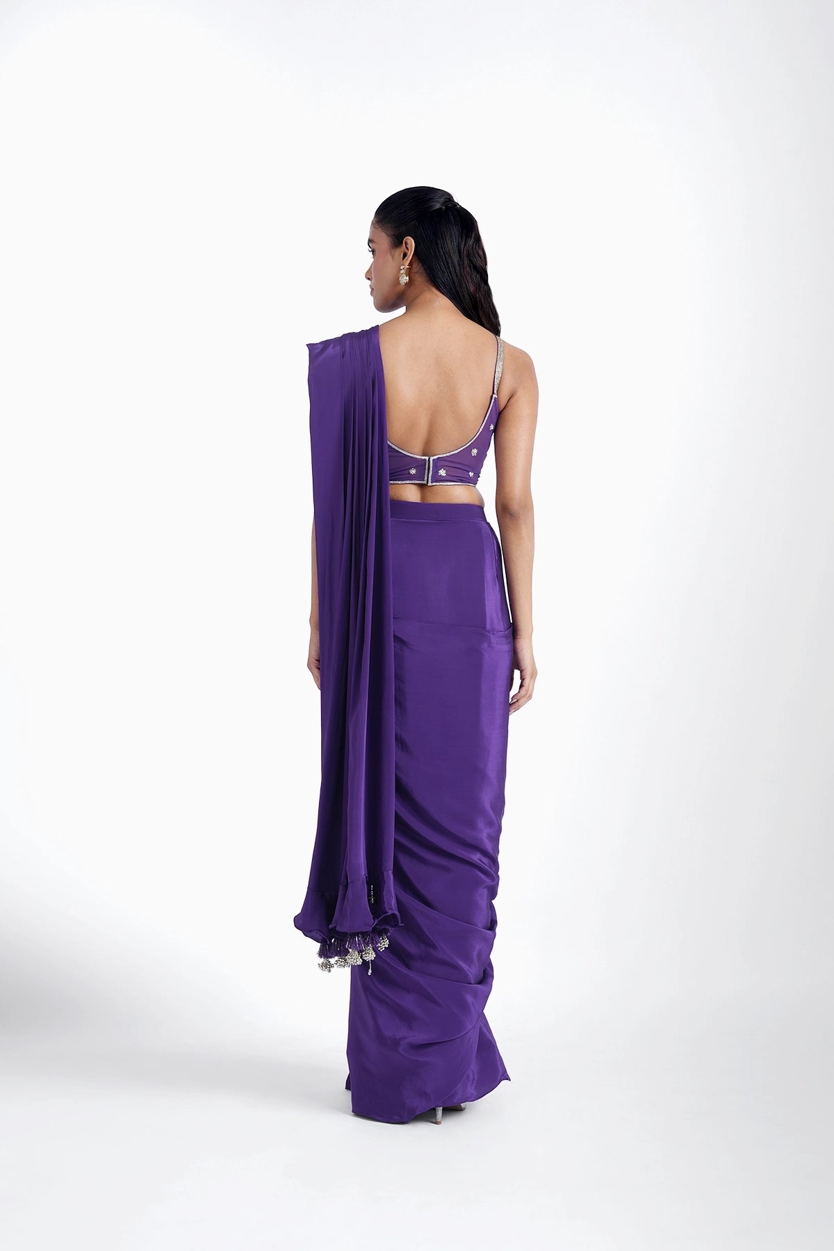 Purple pre-draped saree in crepe with katori style blouse set
