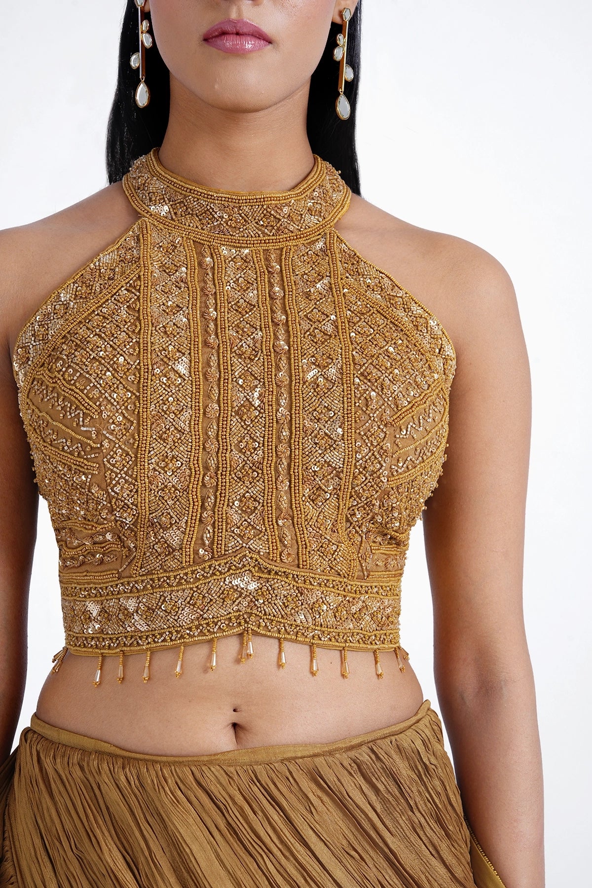 Mustard yellow fishcut skirt and halter neck top set