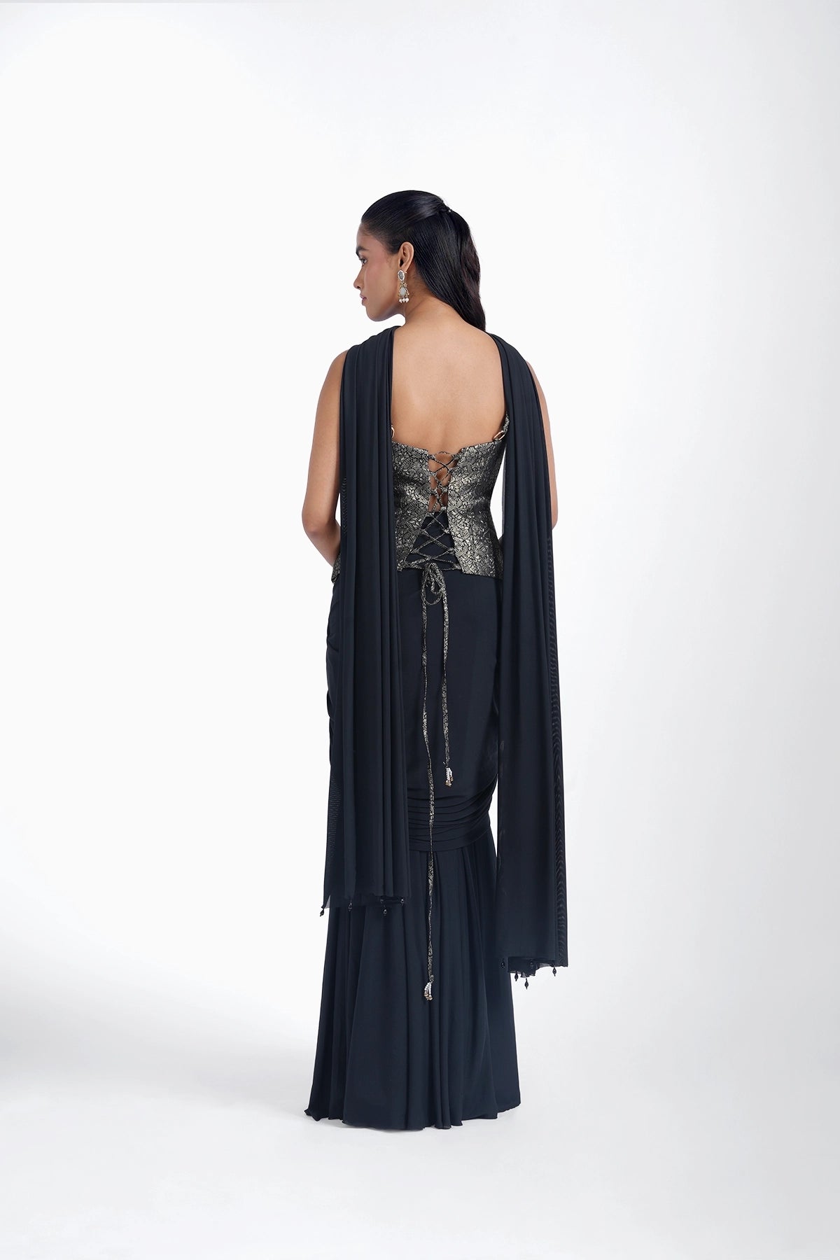 Black brocade top and draped skirt in lycra set