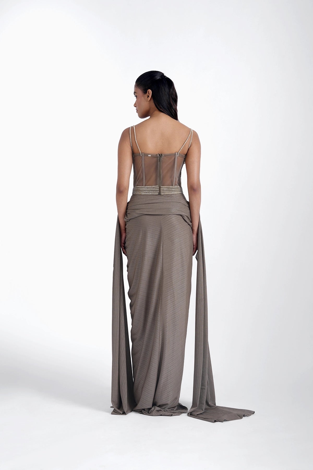 Light greyish brown draped skirt and corset blouse set with rhinestone lace set