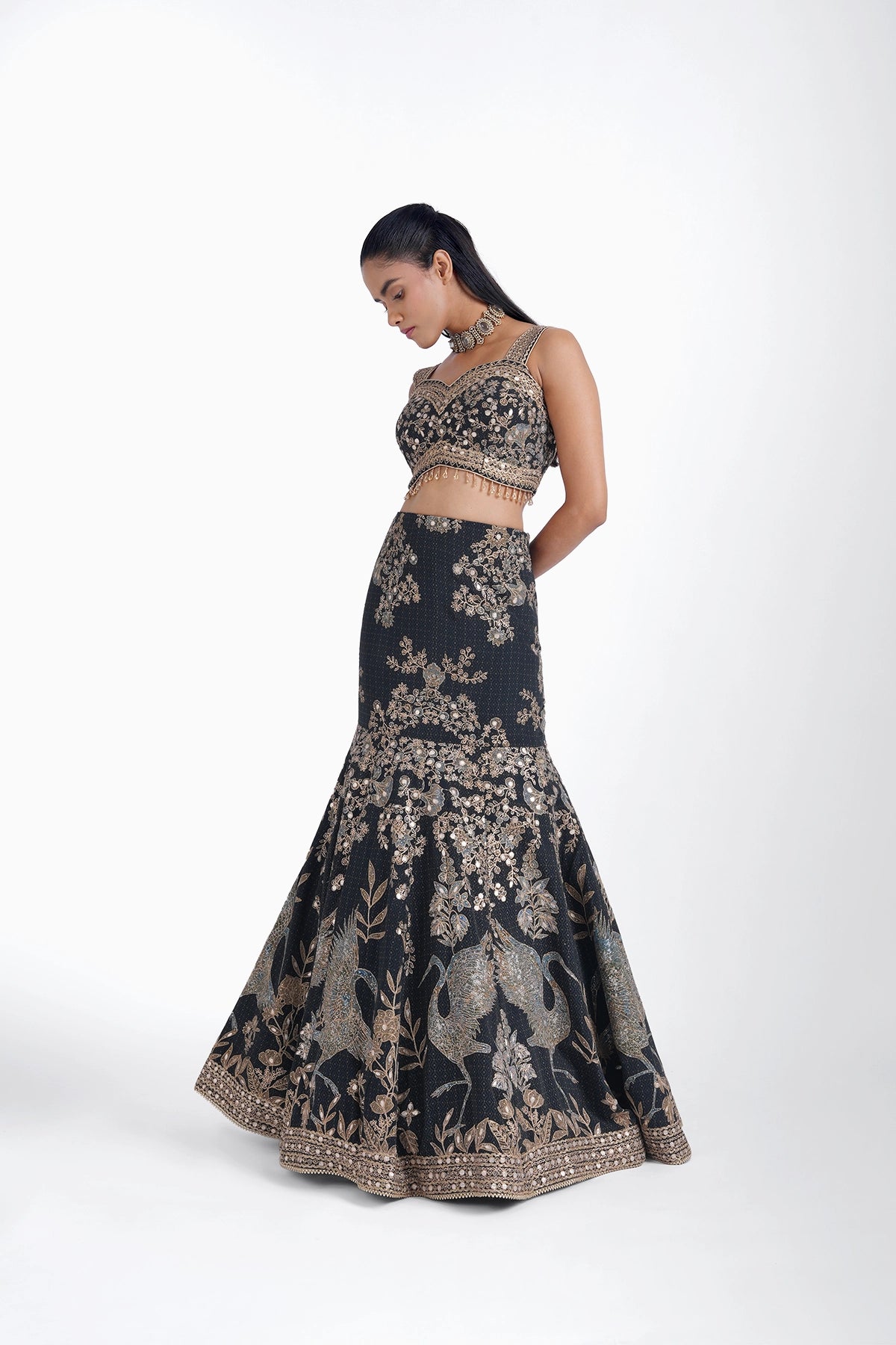 Dark blue fishcut printed lehenga with bird motif and gota work set