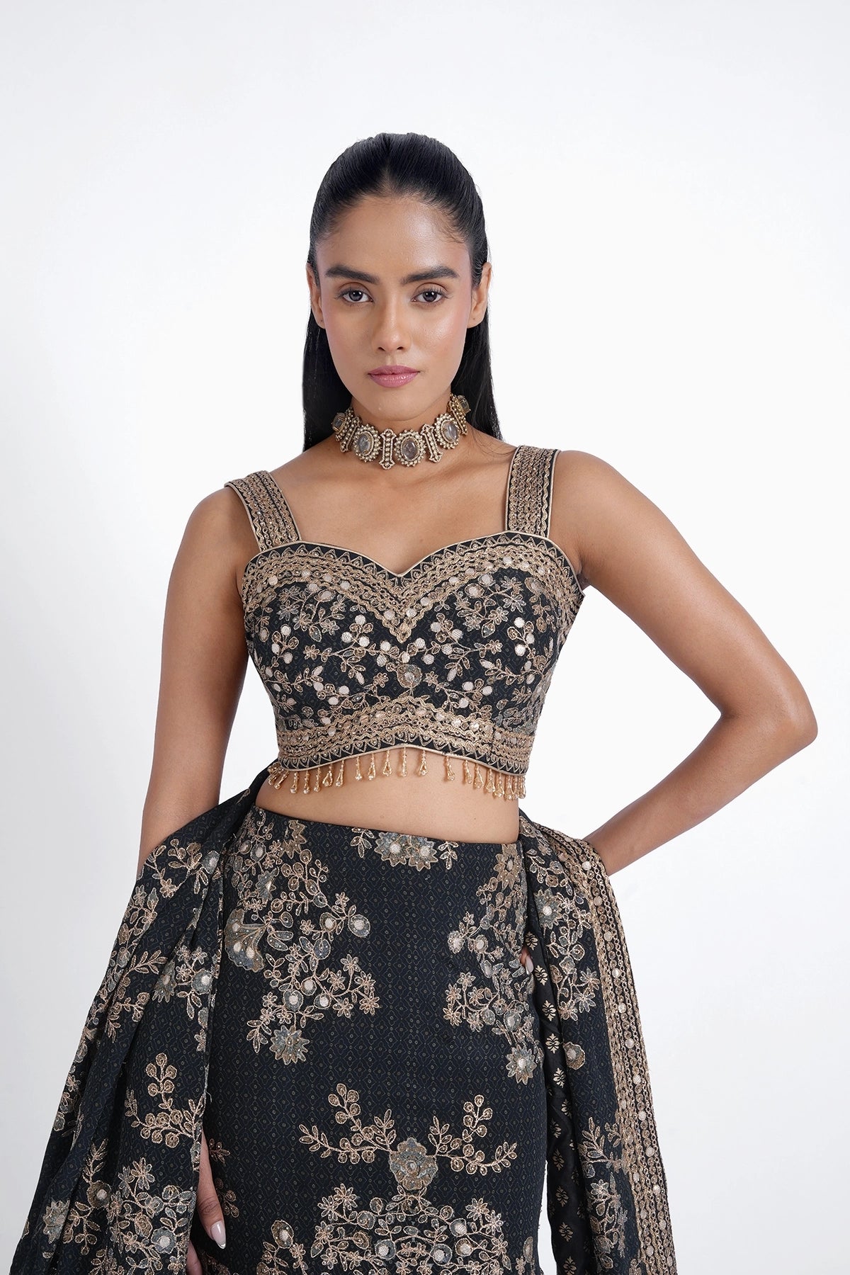 Dark blue fishcut printed lehenga with bird motif and gota work set