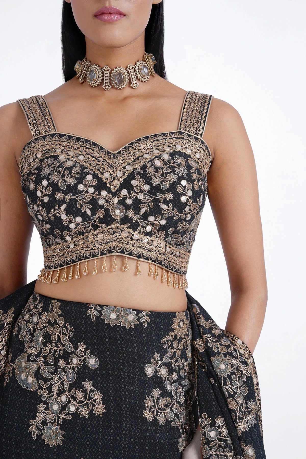 Dark blue fishcut printed lehenga with bird motif and gota work set