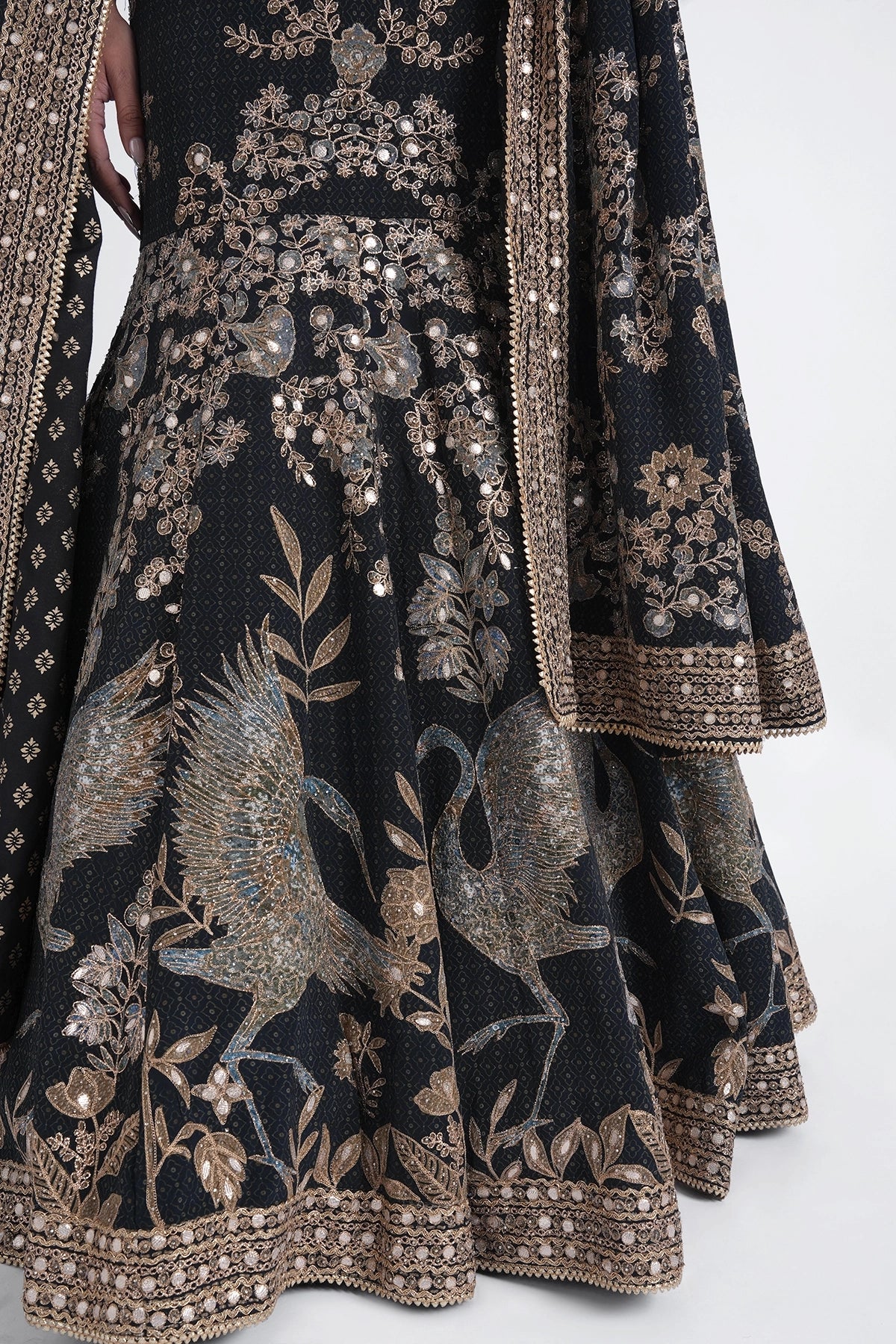 Dark blue fishcut printed lehenga with bird motif and gota work set