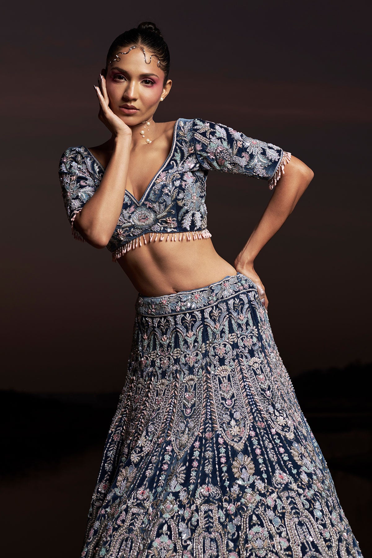 NOORI I-Midnight blue bridal lehenga in silk velvet