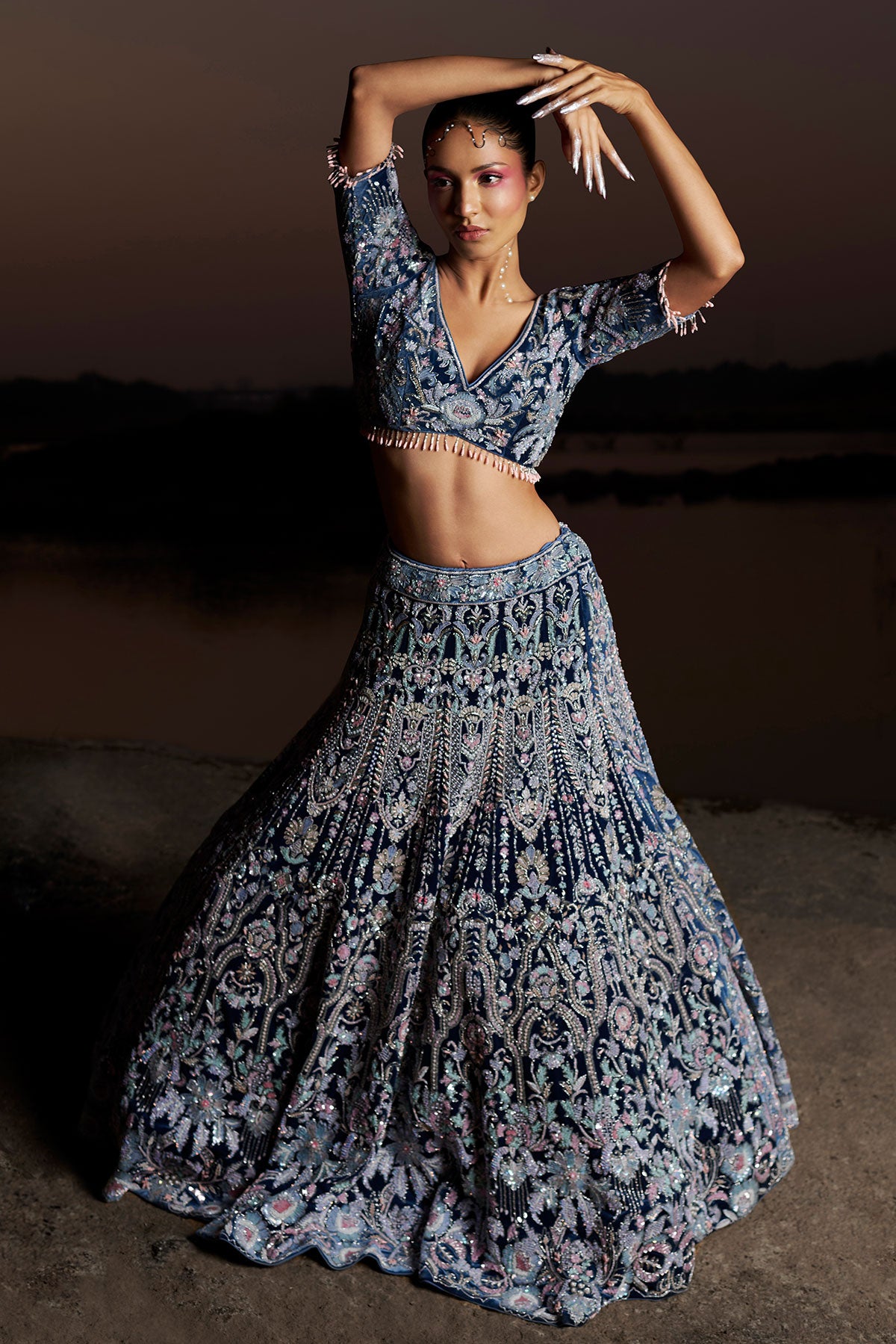NOORI I-Midnight blue bridal lehenga in silk velvet