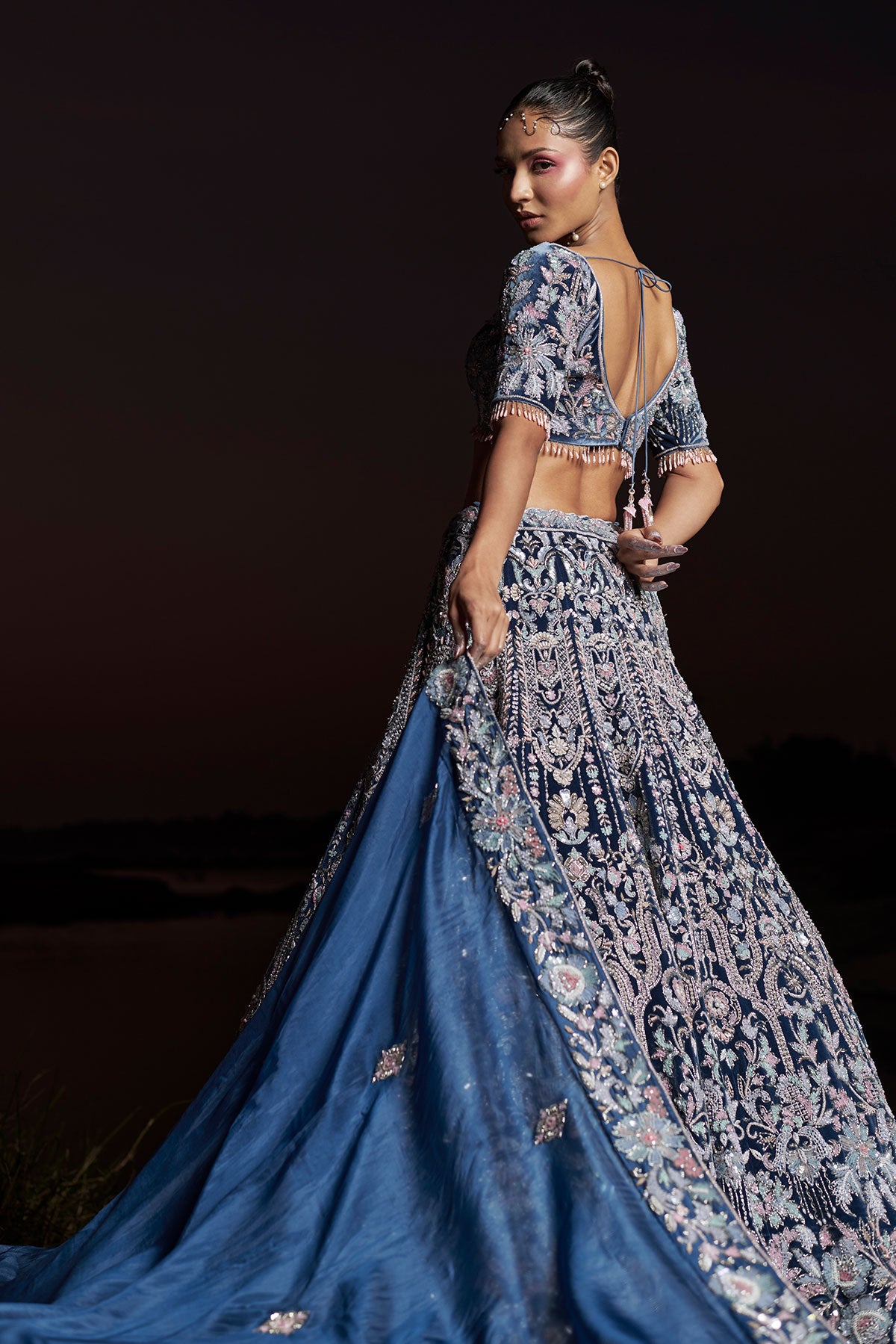NOORI I-Midnight blue bridal lehenga in silk velvet