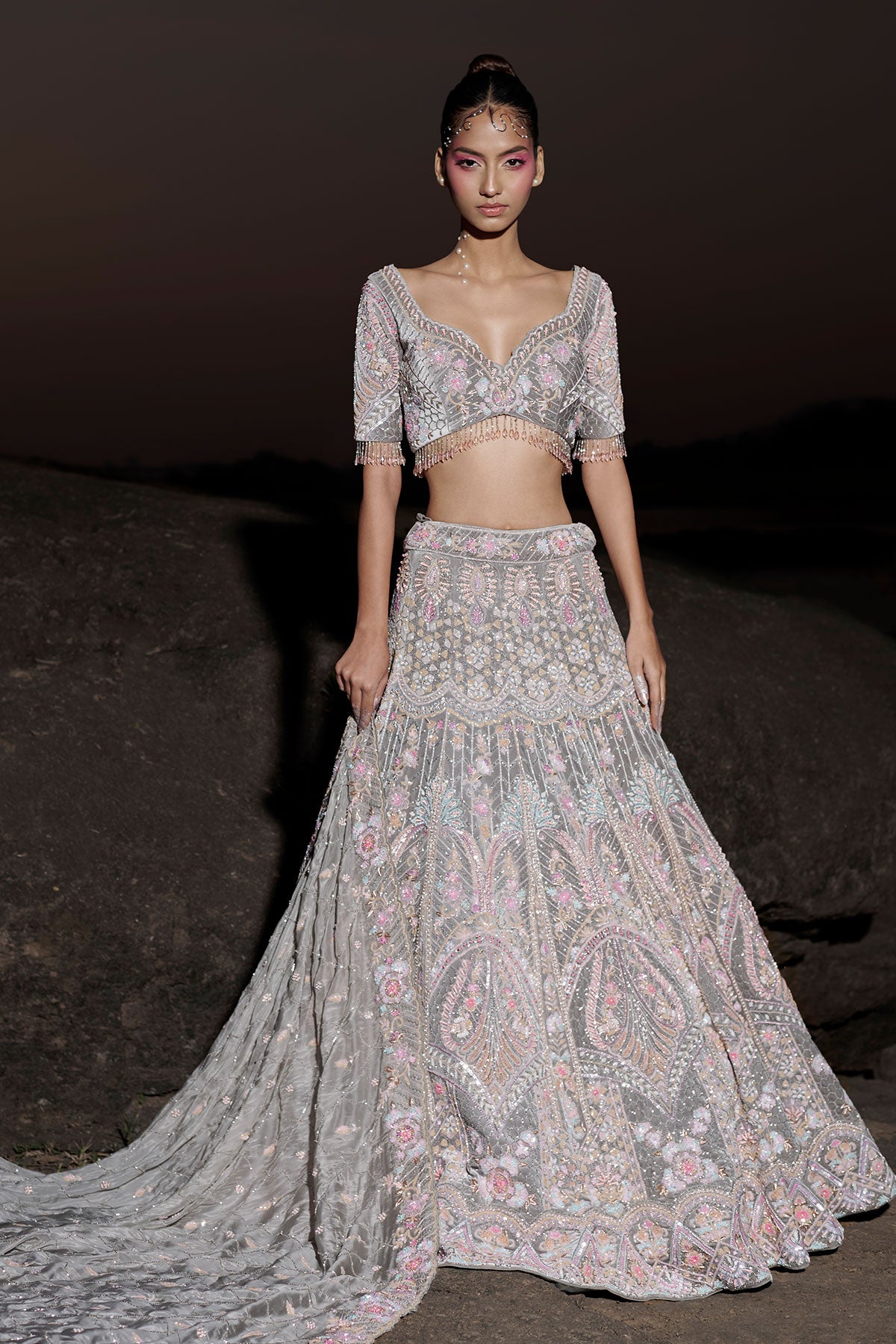 NOORI II- Cool gray bridal lehenga in silk velvet