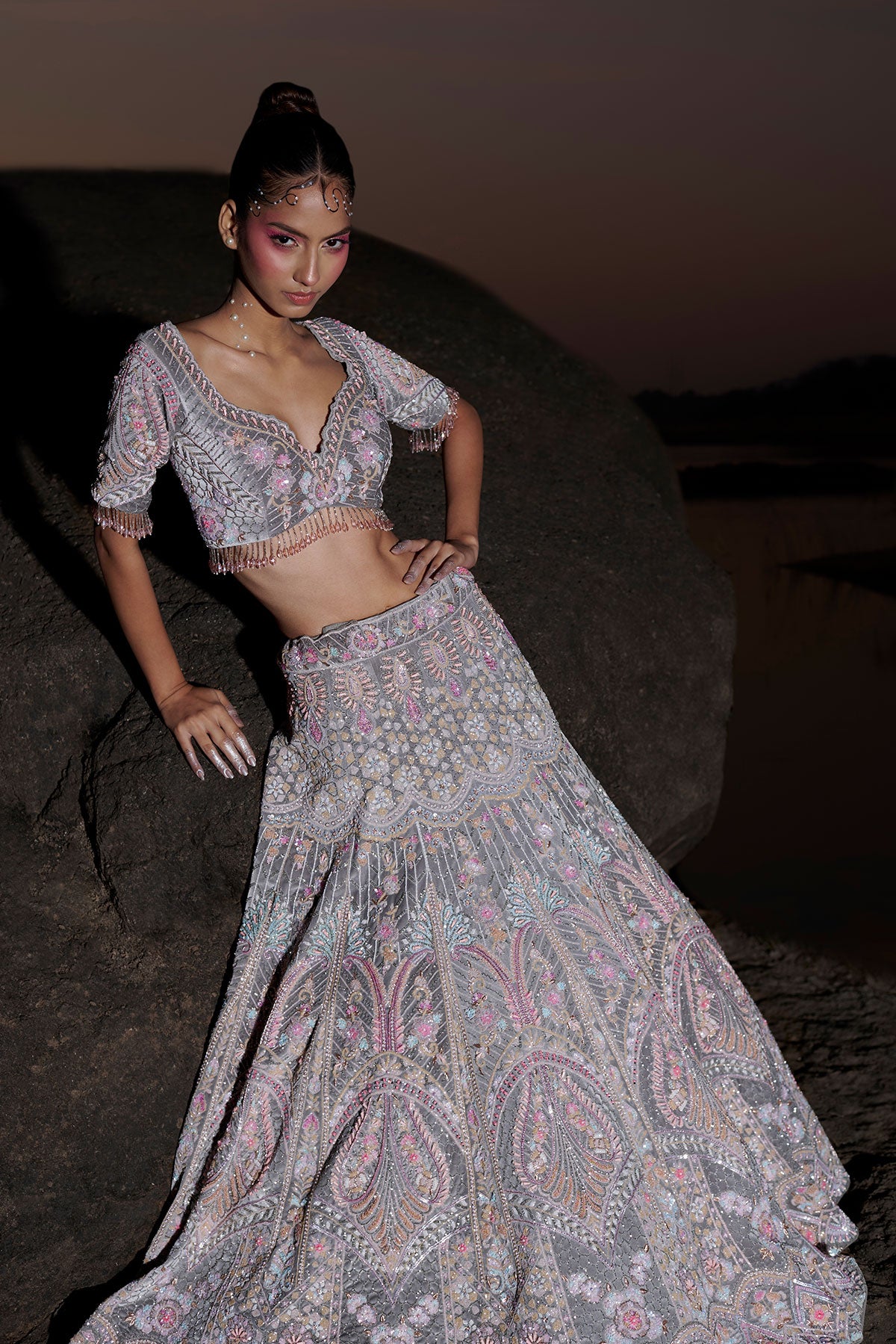 NOORI II- Cool gray bridal lehenga in silk velvet