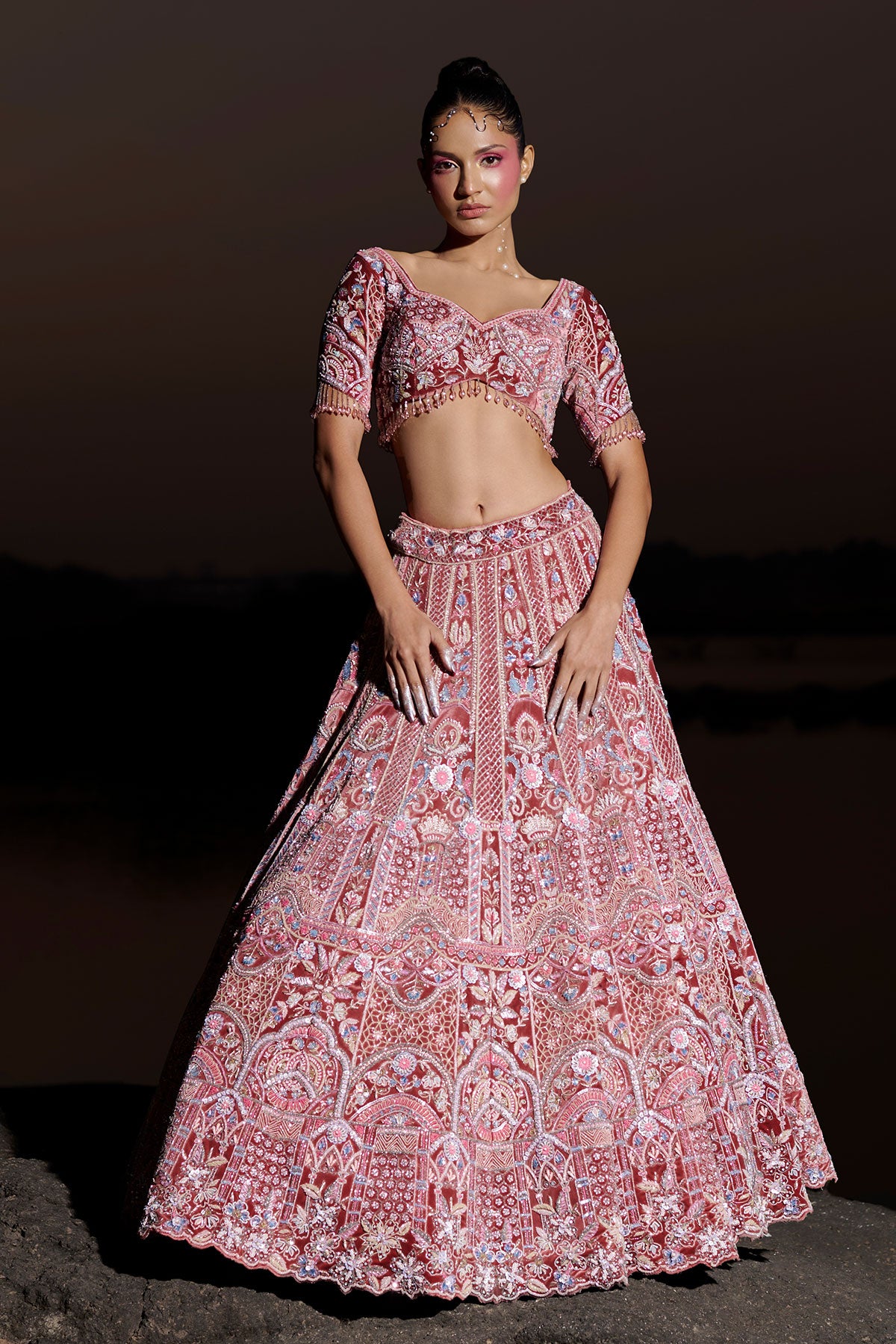 NOORI III- Fireweed Red bridal lehenga in silk velvet