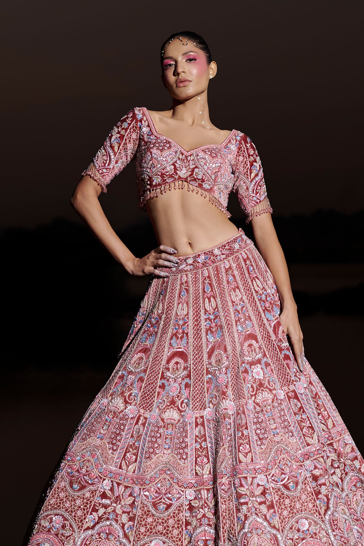 NOORI III- Fireweed Red bridal lehenga in silk velvet