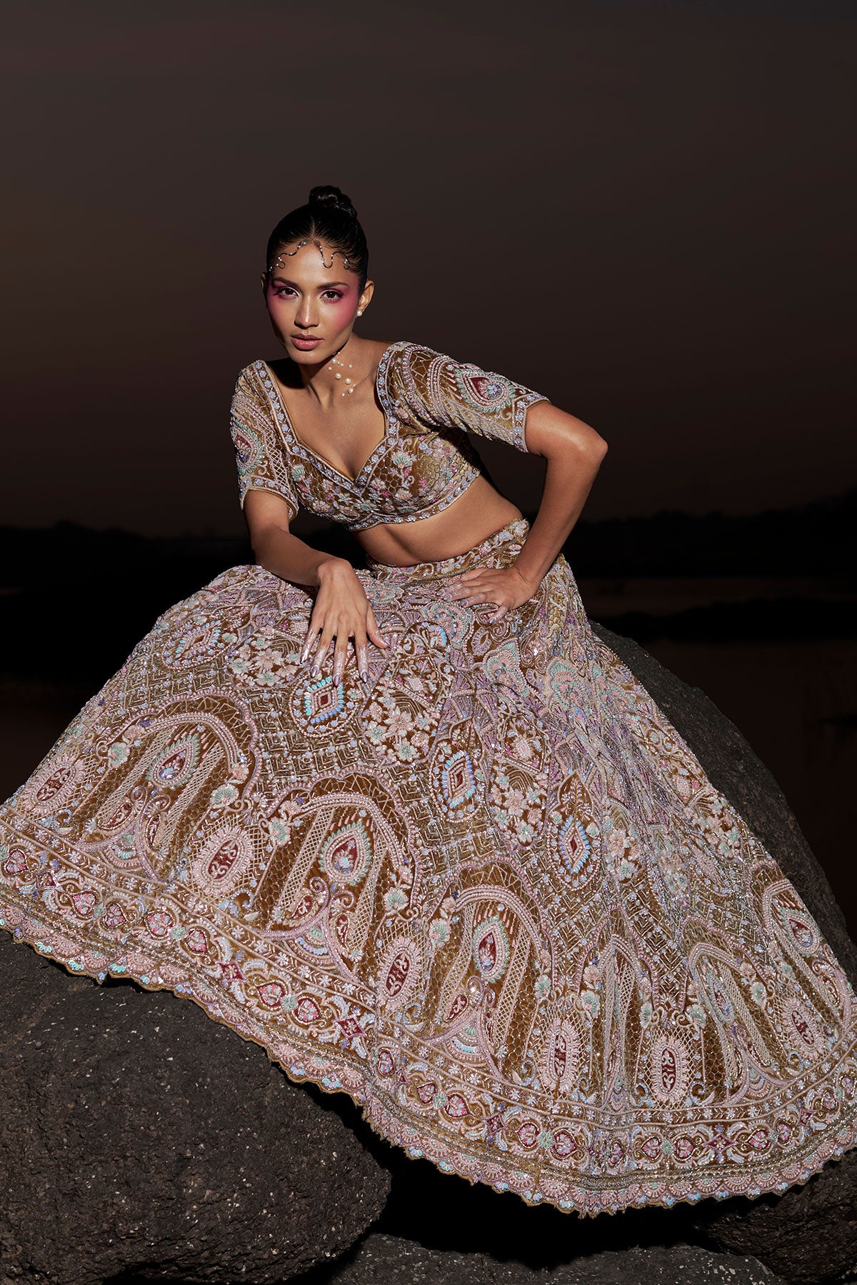 NOORI IV-rusty gold bridal lehenga in silk velvet
