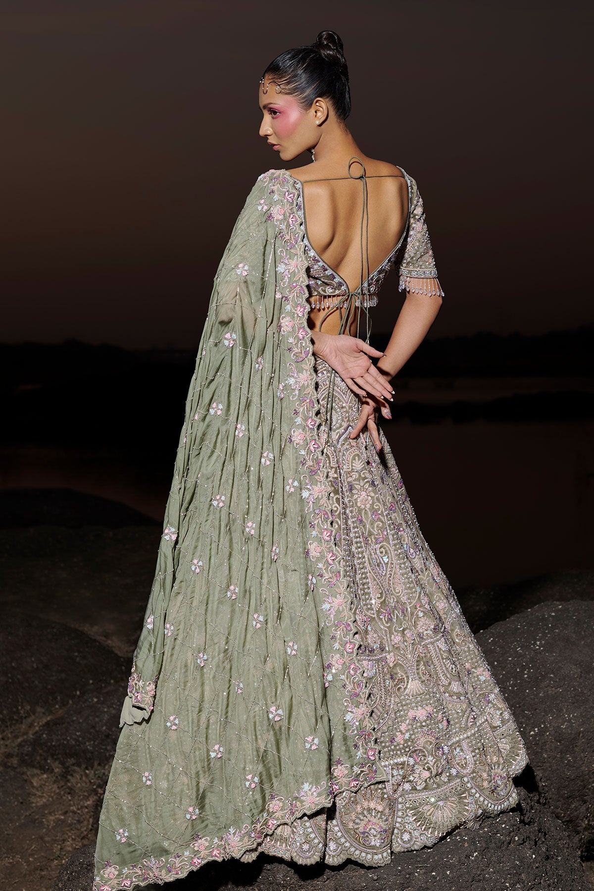 NOORI VI- Deep Dusty Green bridal lehenga in silk velvet