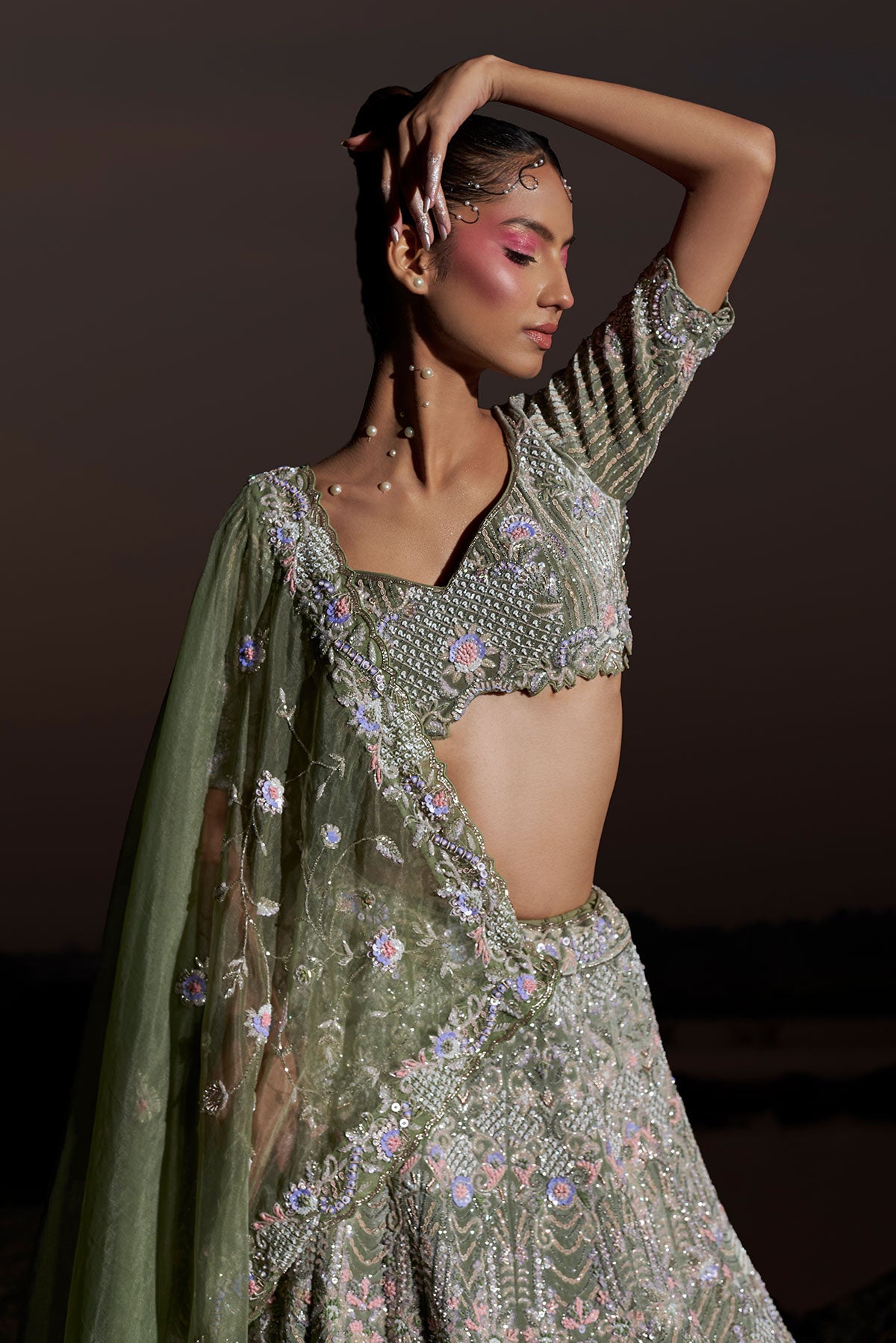 NOORI VII- Sage Green bridal lehenga in silk velvet